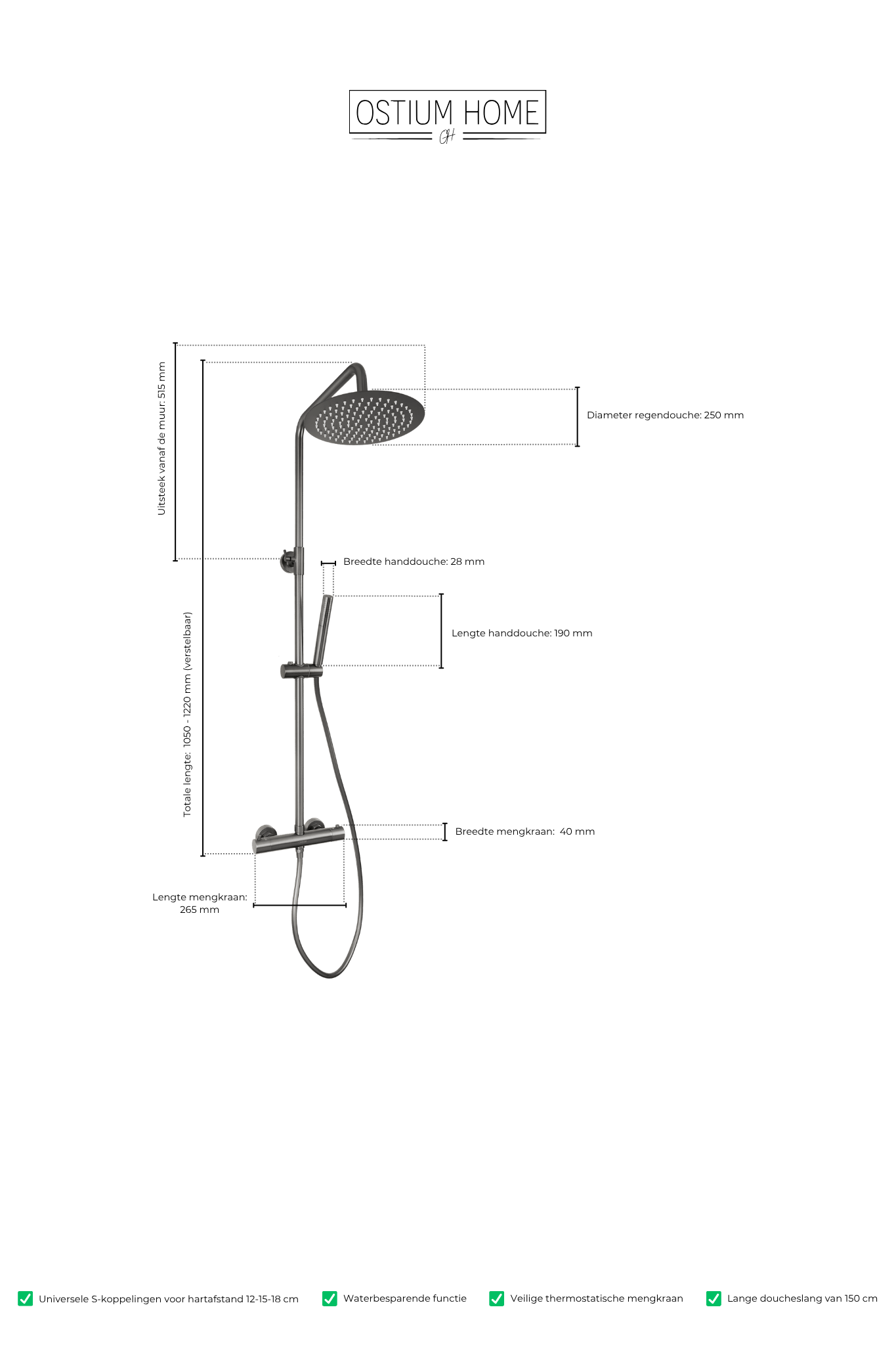 Novi - Gun Metal Doucheset - Rond