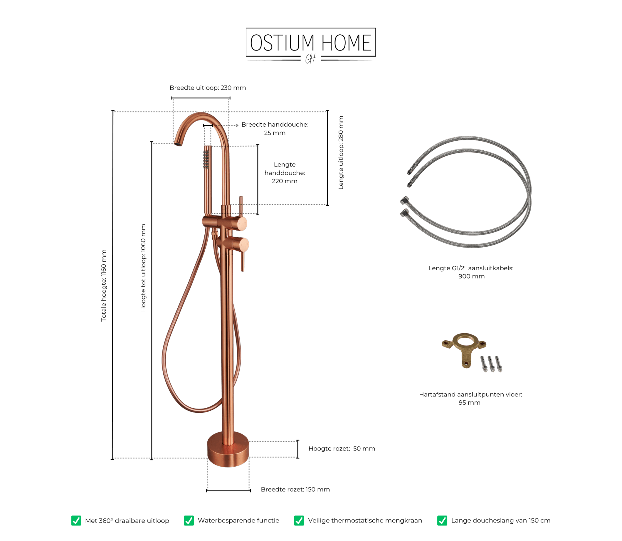 Armonio - Robinet de baignoire sur pied Cuivre - avec douchette à main