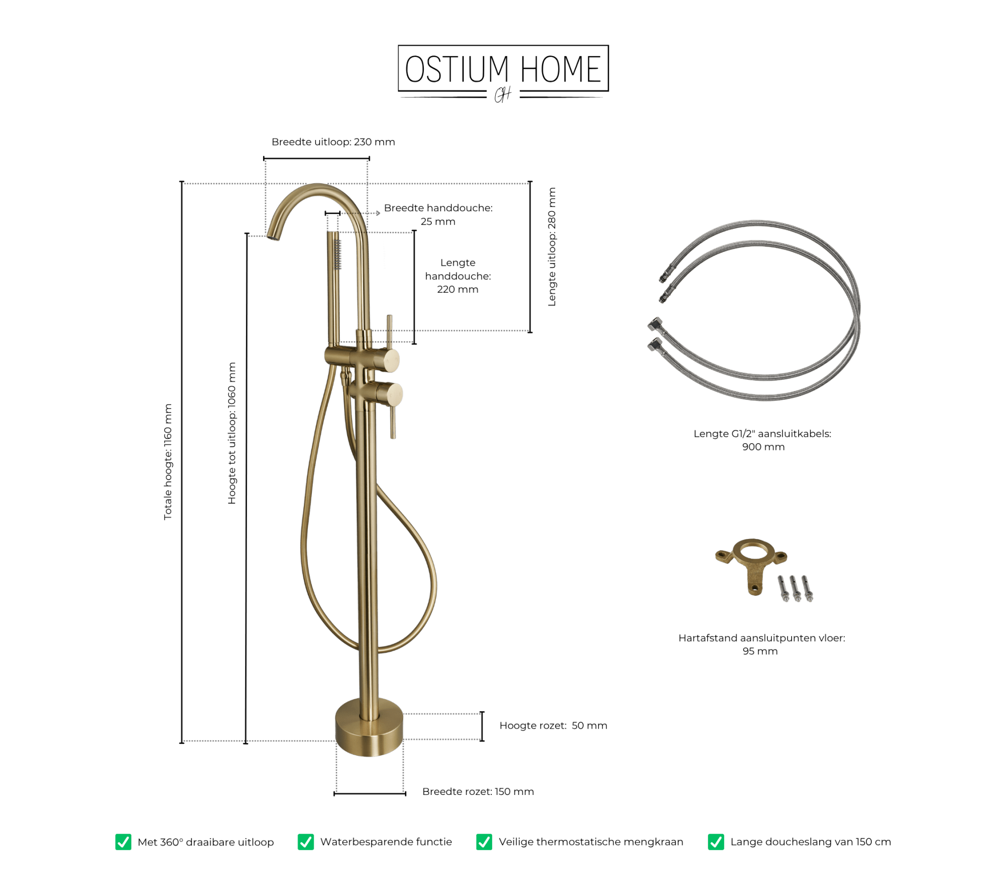 Armonio - Robinet de baignoire sur pied doré - avec douchette à main