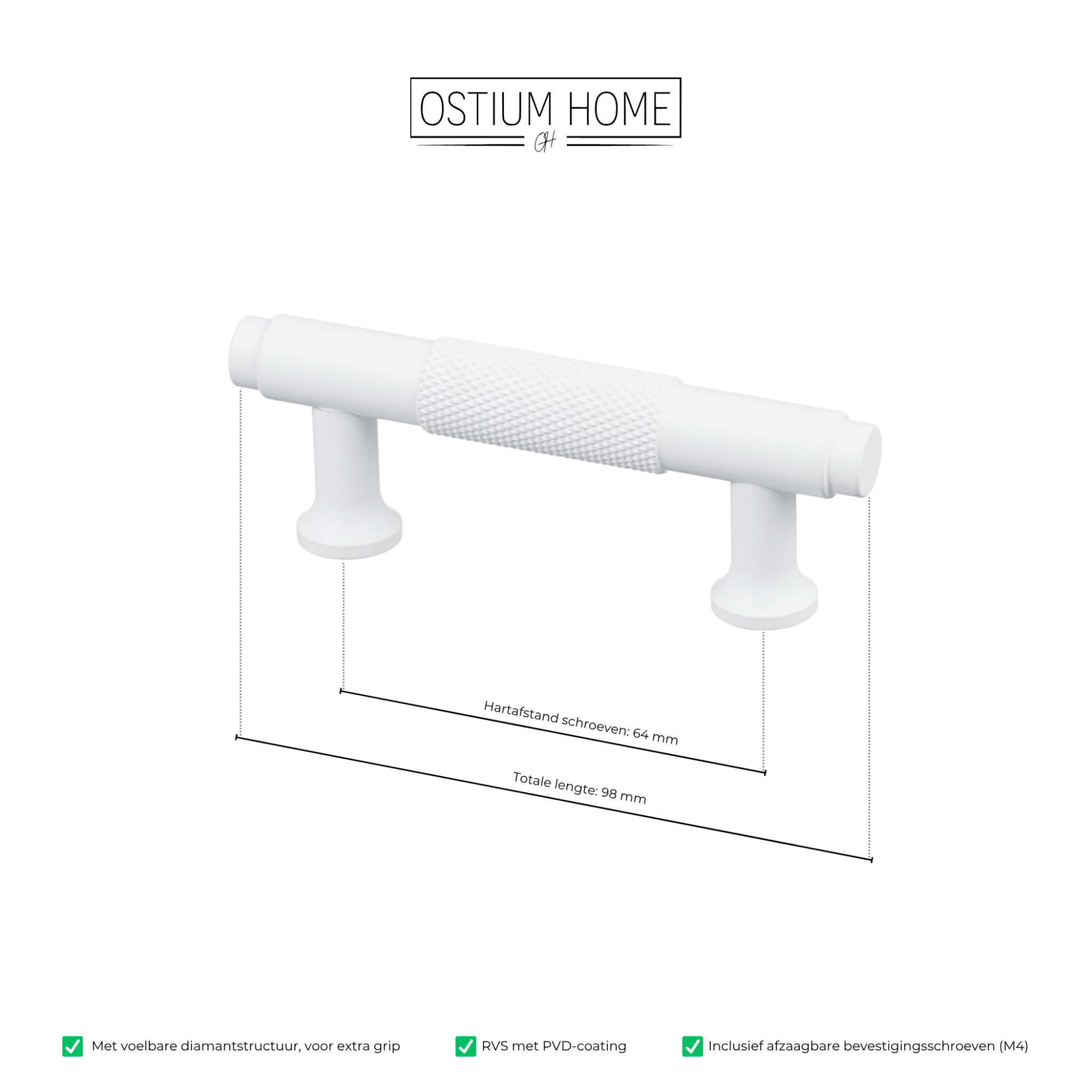 Handgreep Wit - diamond cut - 64mm/98mm – afbeelding 4