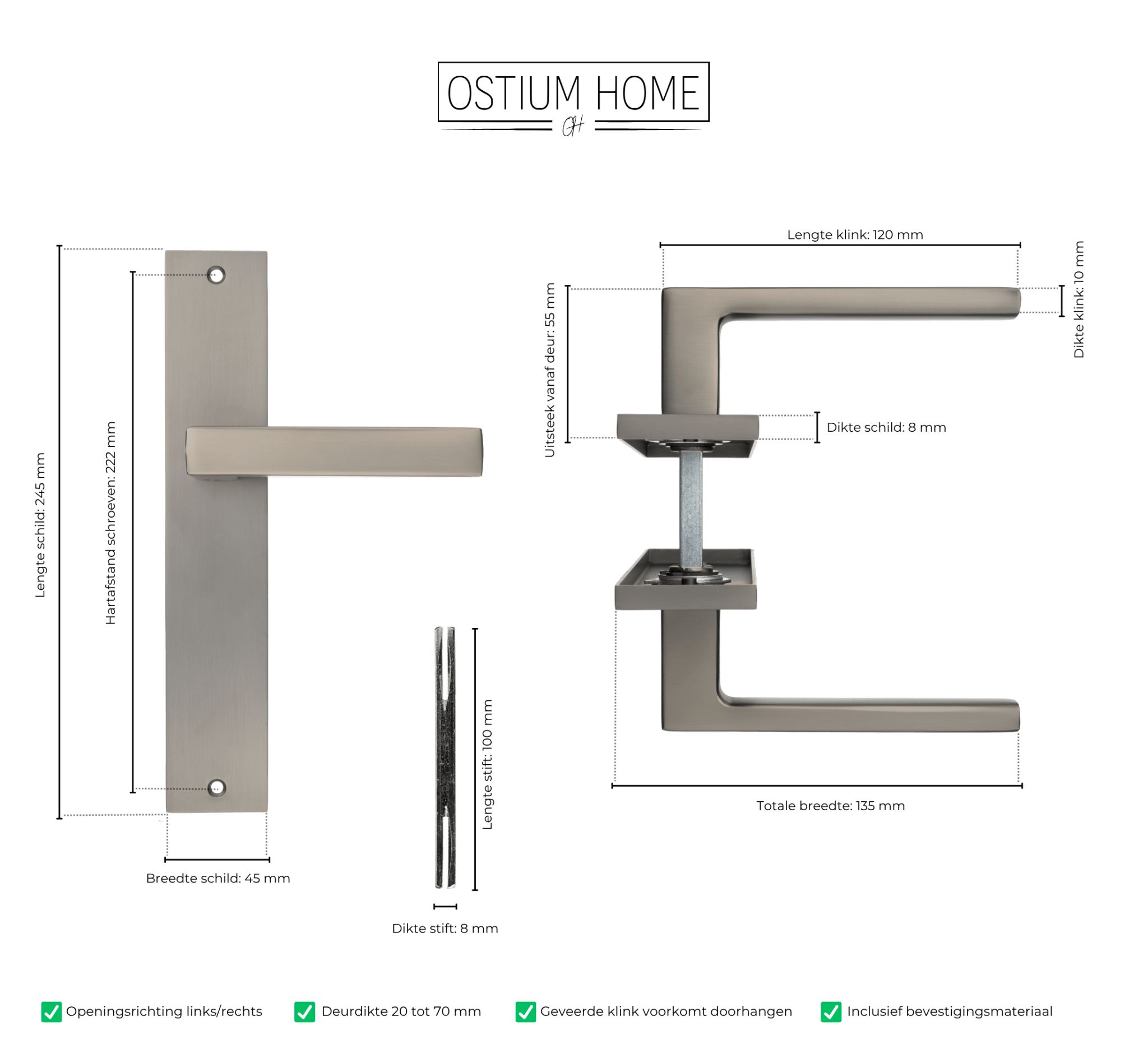 Fano - Gun Metal Deurbeslag Recht Lang Schild