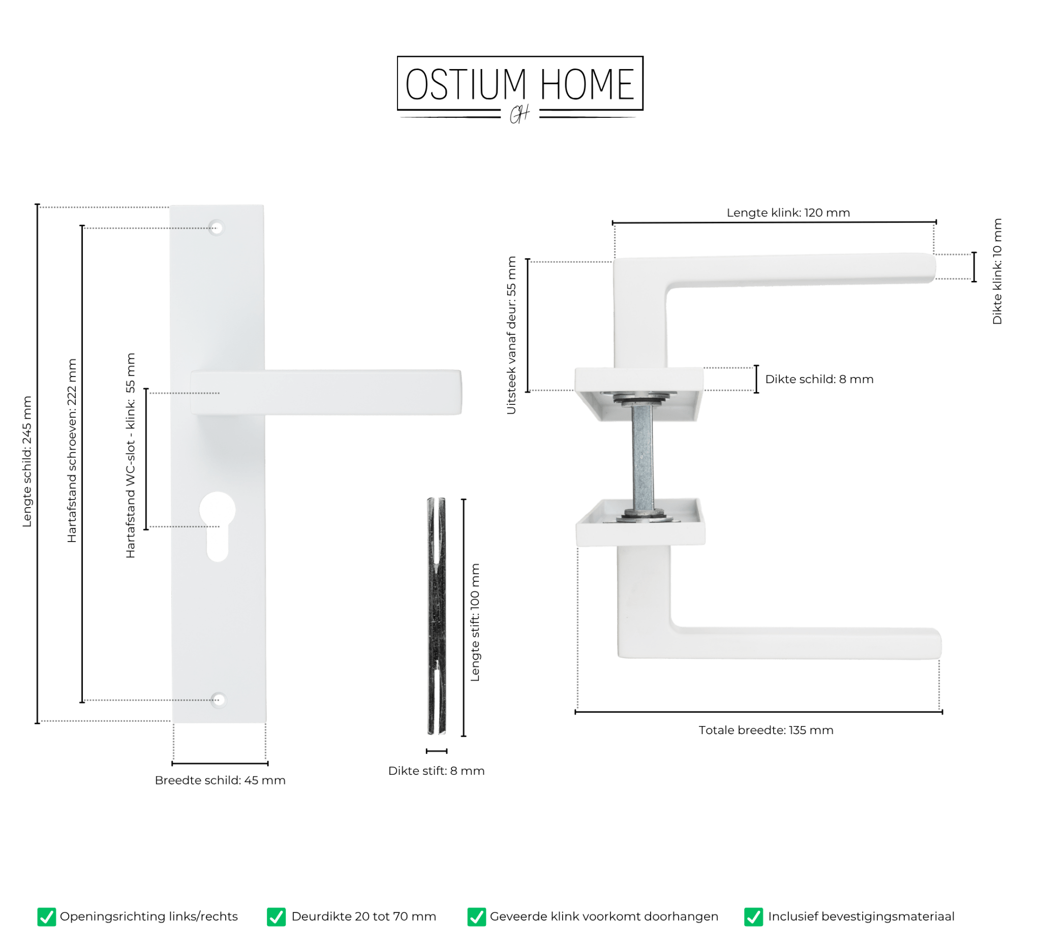 Lorto - Witte Deurklink - Cilindergat - Recht Lang Schild - PC 55mm