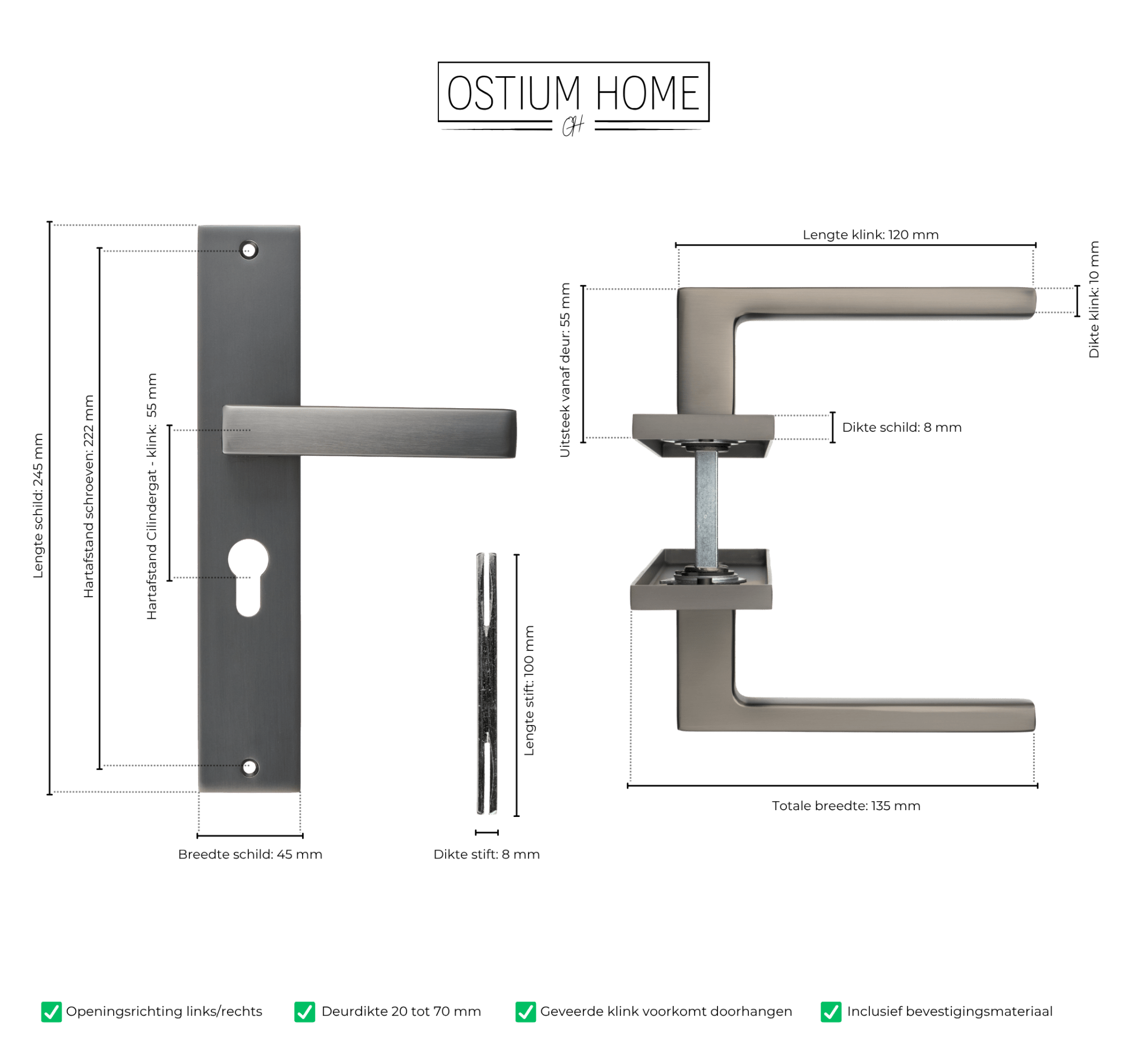 Fano - Garniture de porte Gun Metal - Trou de cylindre - Plaque longue droite - Entraxe 55 mm