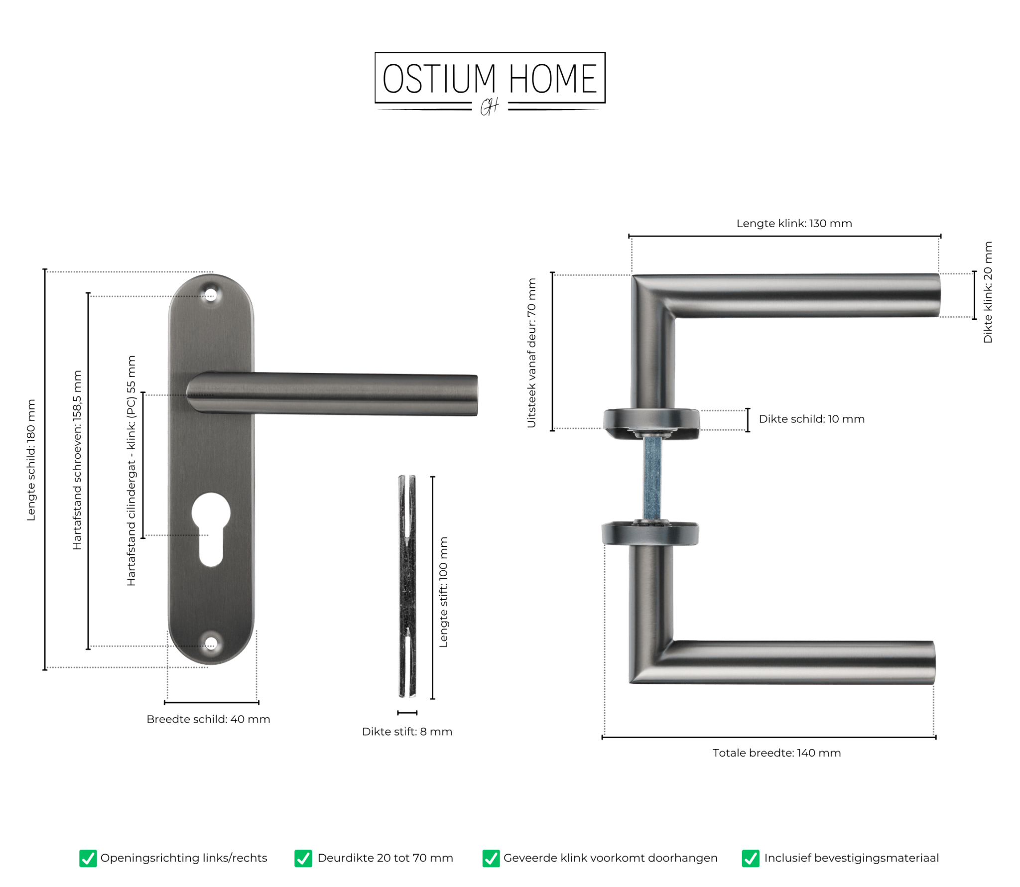 Silvano - Gun Metal Deurklink cilindergat - Kort Rond Schild