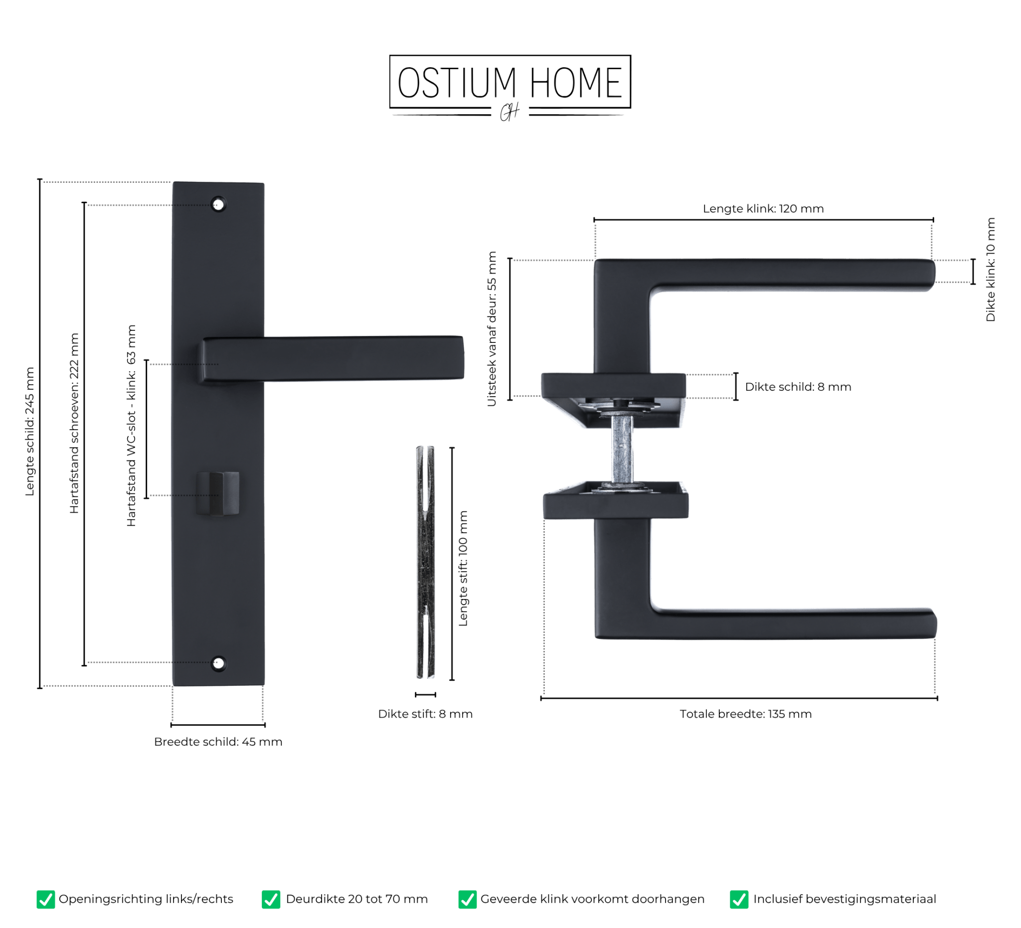 Veneto - Zwart WC-slot op Recht Lang Schild - PC 63 mm
