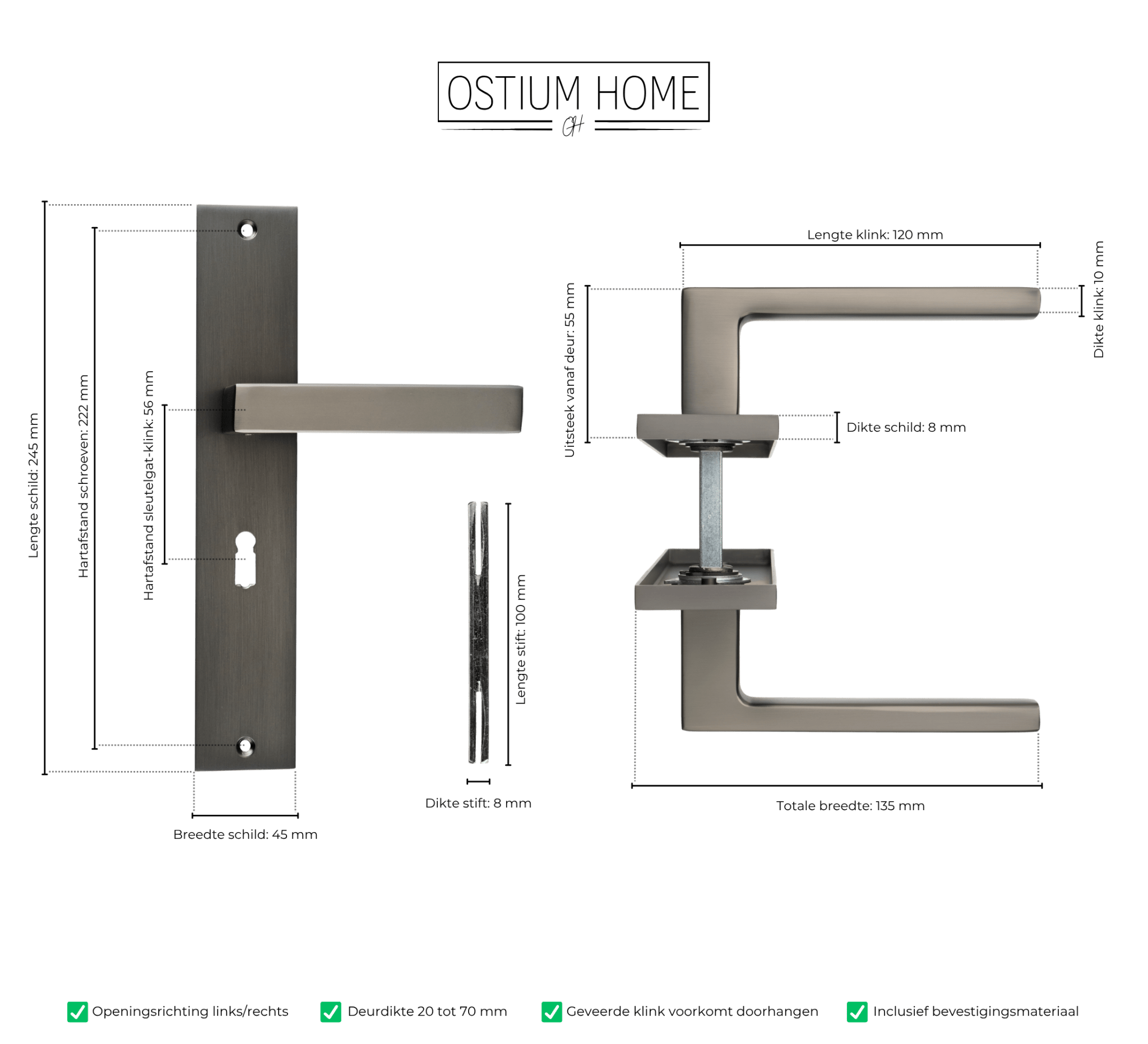 Fano - Gun Metal Deurbeslag Sleutelgat Recht Lang Schild - SL 56 mm