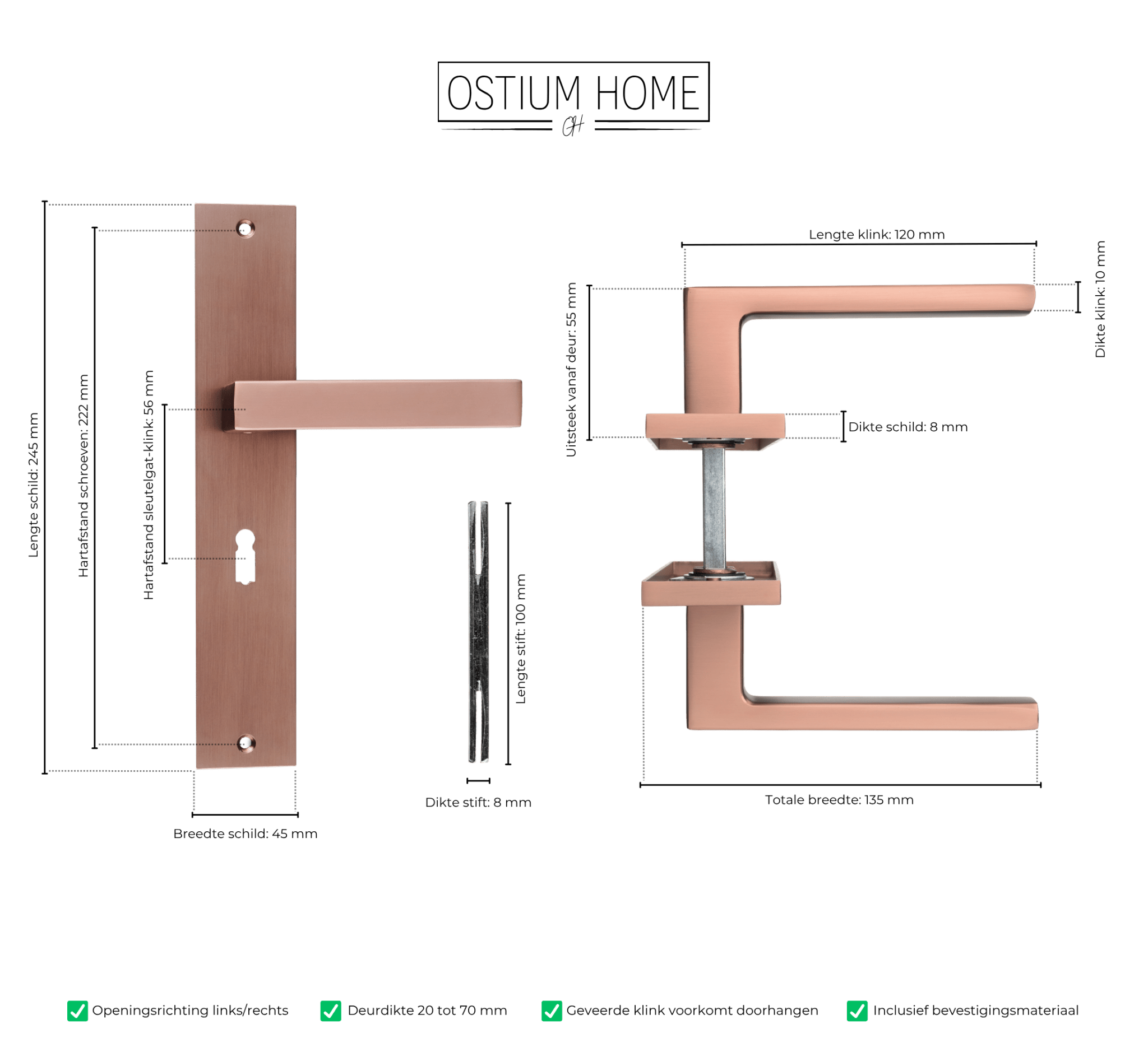 Collodi - Koperen Deurbeslag Met Sleutelgat – Recht Lang Schild – PC56 mm