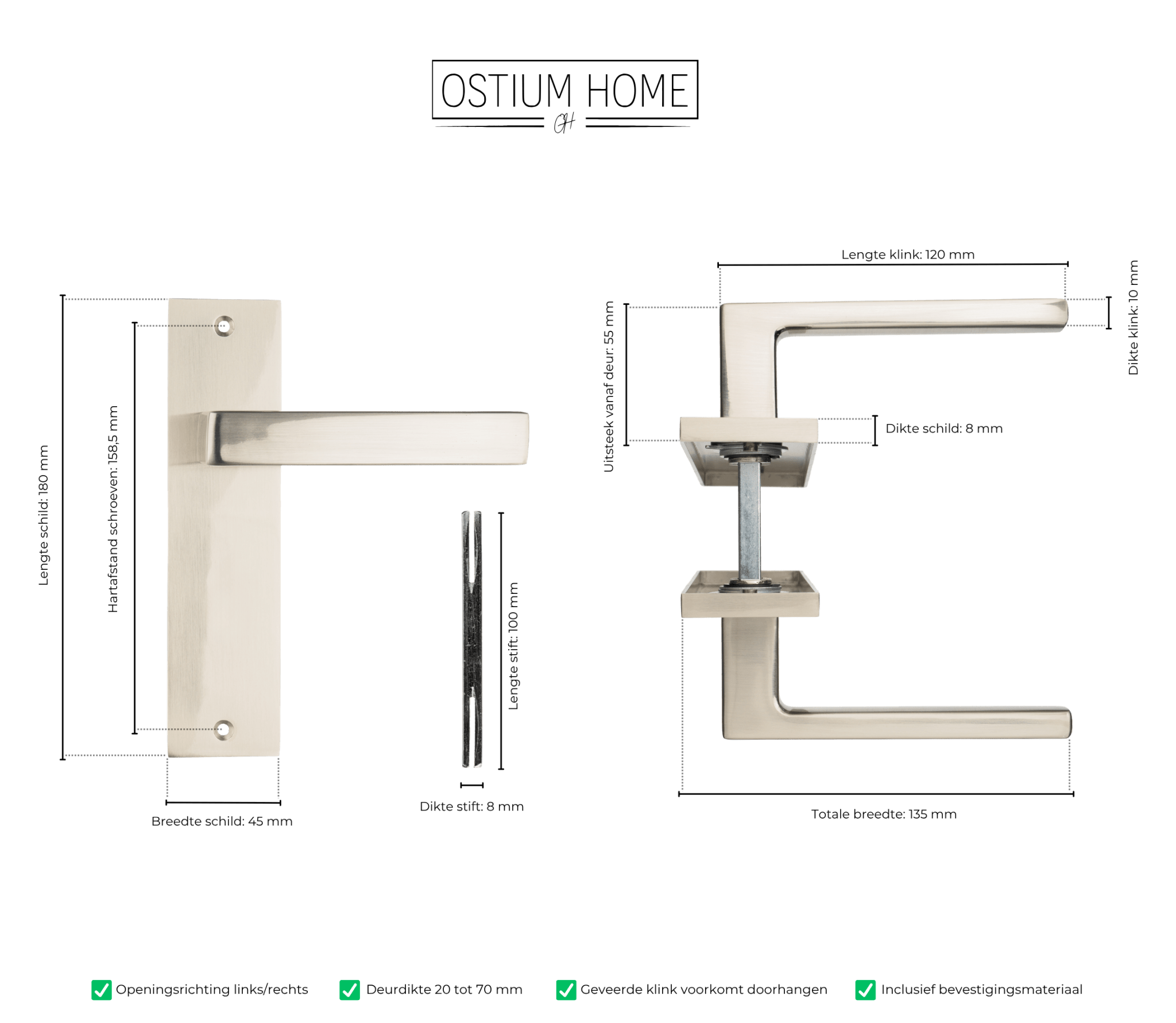 Merano - Quincaillerie de porte en acier inoxydable, droite, plaque courte - 180 mm