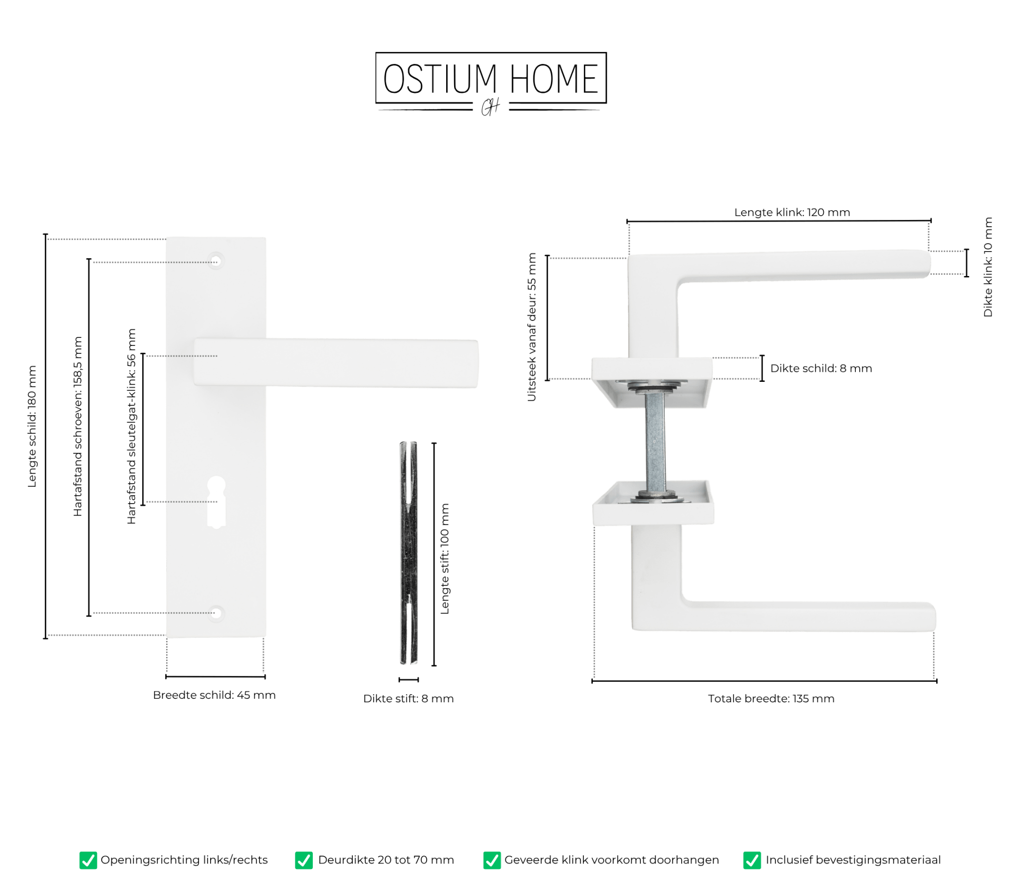 Arezzo - Witte Deurklink Sleutelgat Recht Kort Schild - PC 56mm