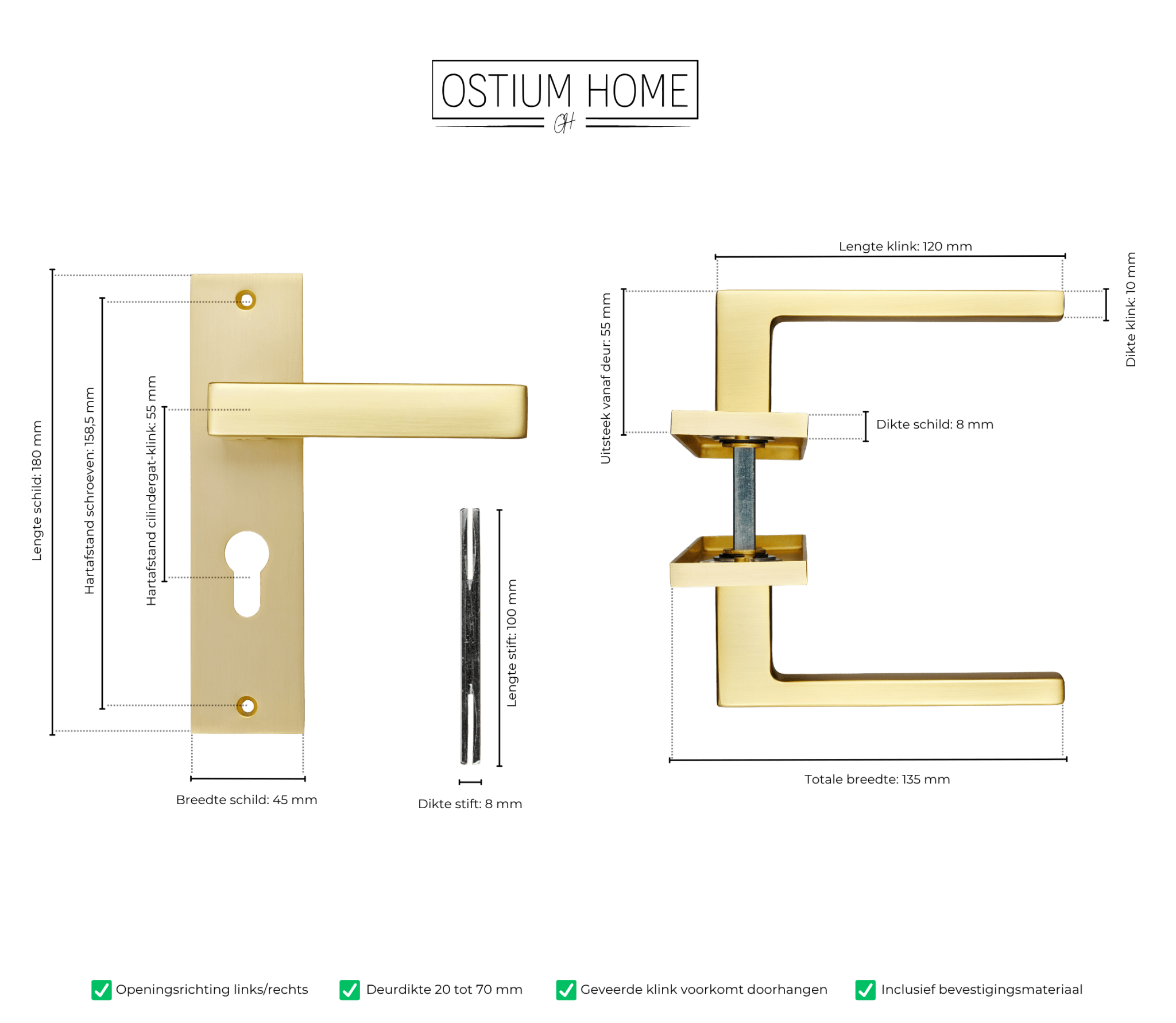 Avola - Gouden Deurklink - Cilindergat - Recht Kort Schild - PC 55mm