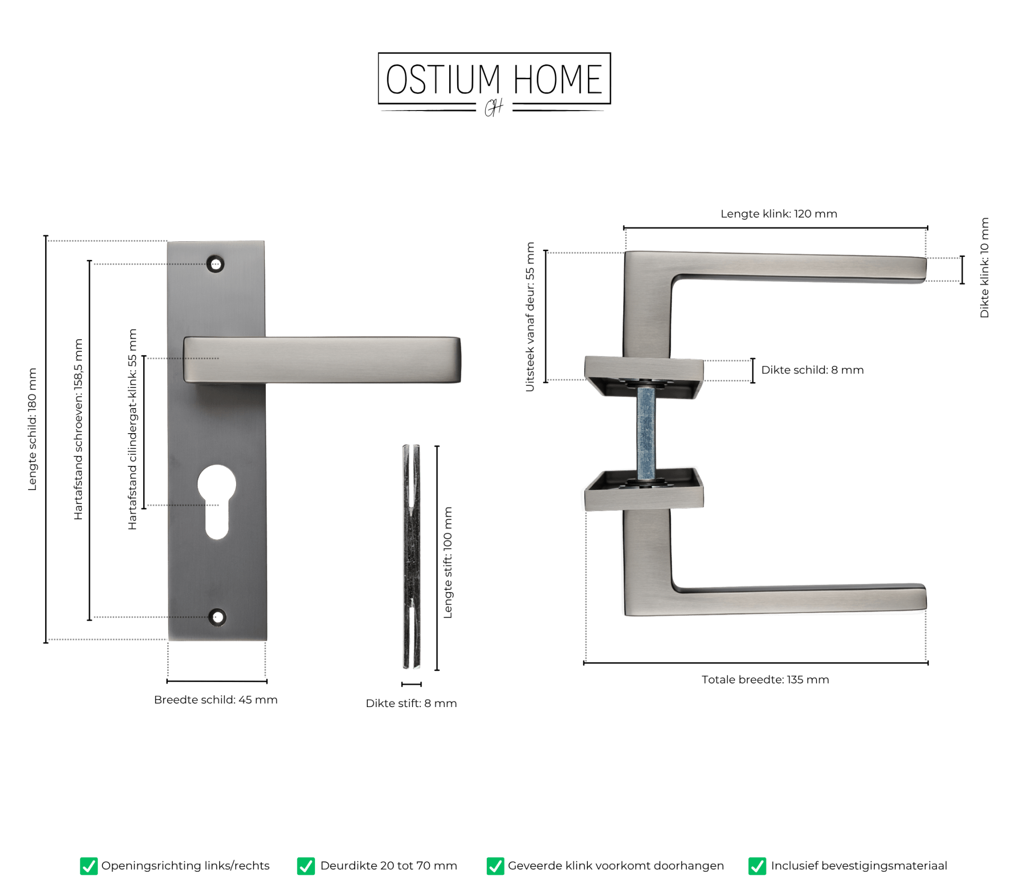 Novara - Gun Metal Deurbeslag - Cilindergat - Recht Kort Schild - PC 55mm