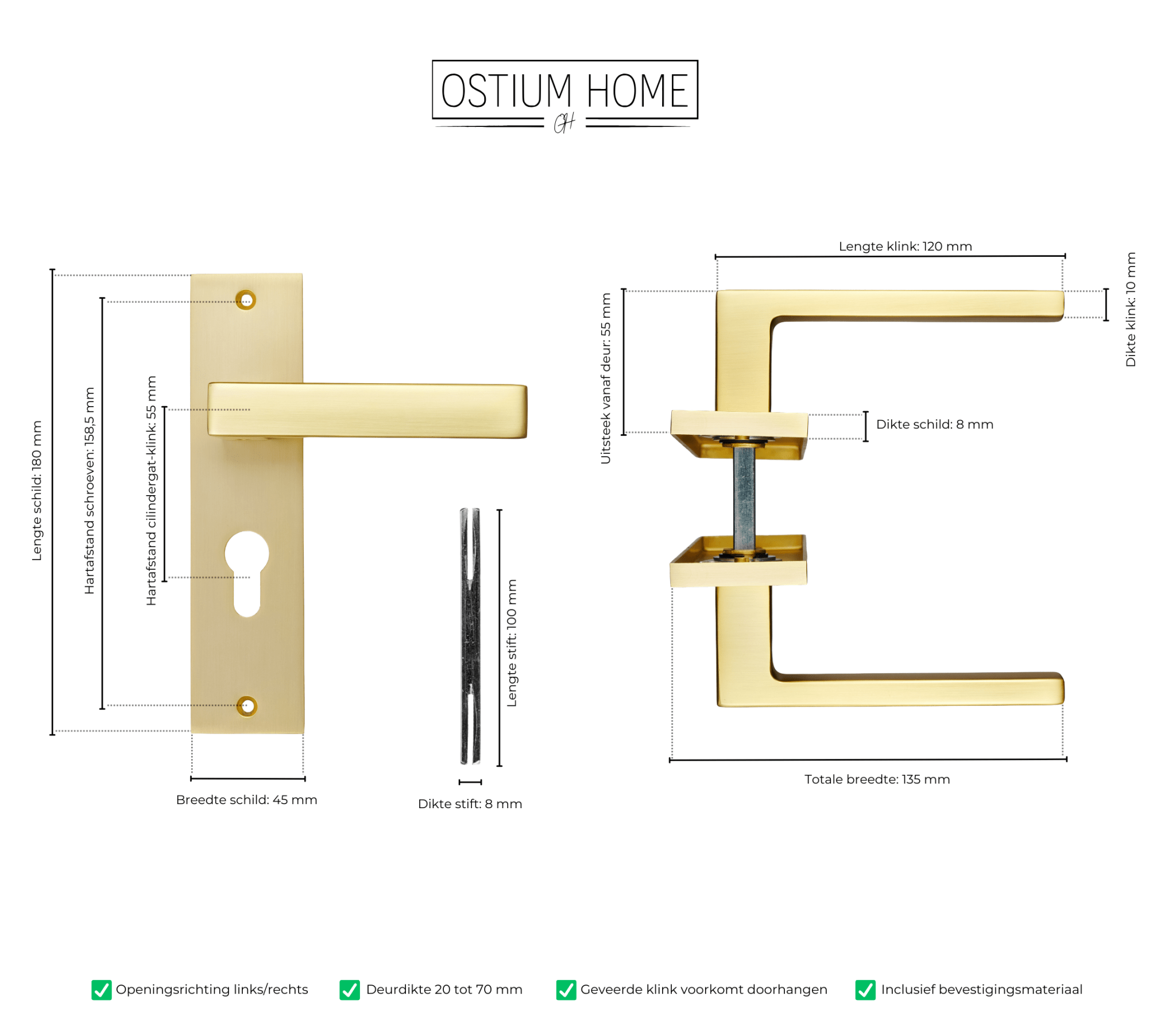 Avola - Gouden Deurklink - Cilindergat - Recht Kort Schild - PC 55mm