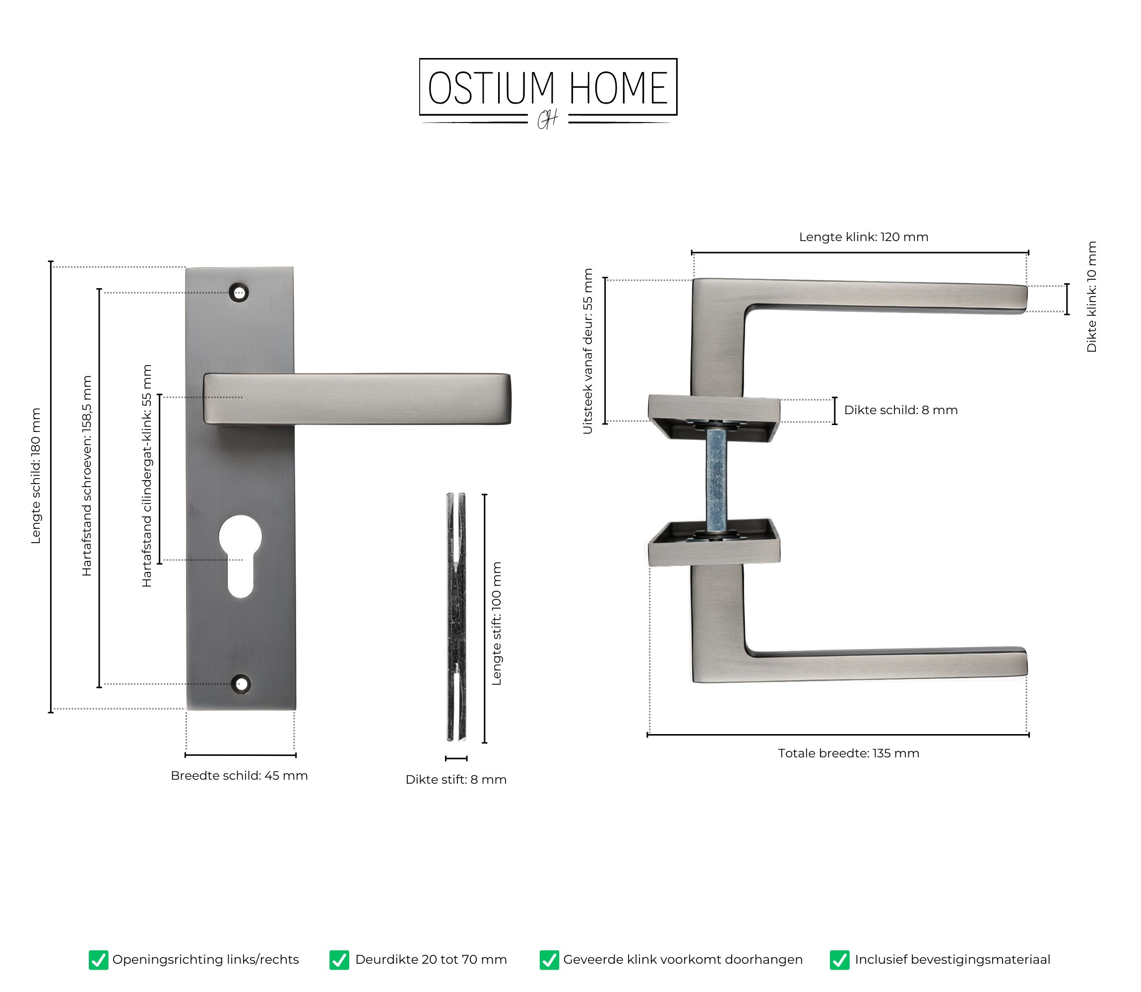 Novara - Gun Metal Deurbeslag - Cilindergat - Recht Kort Schild - PC 55mm
