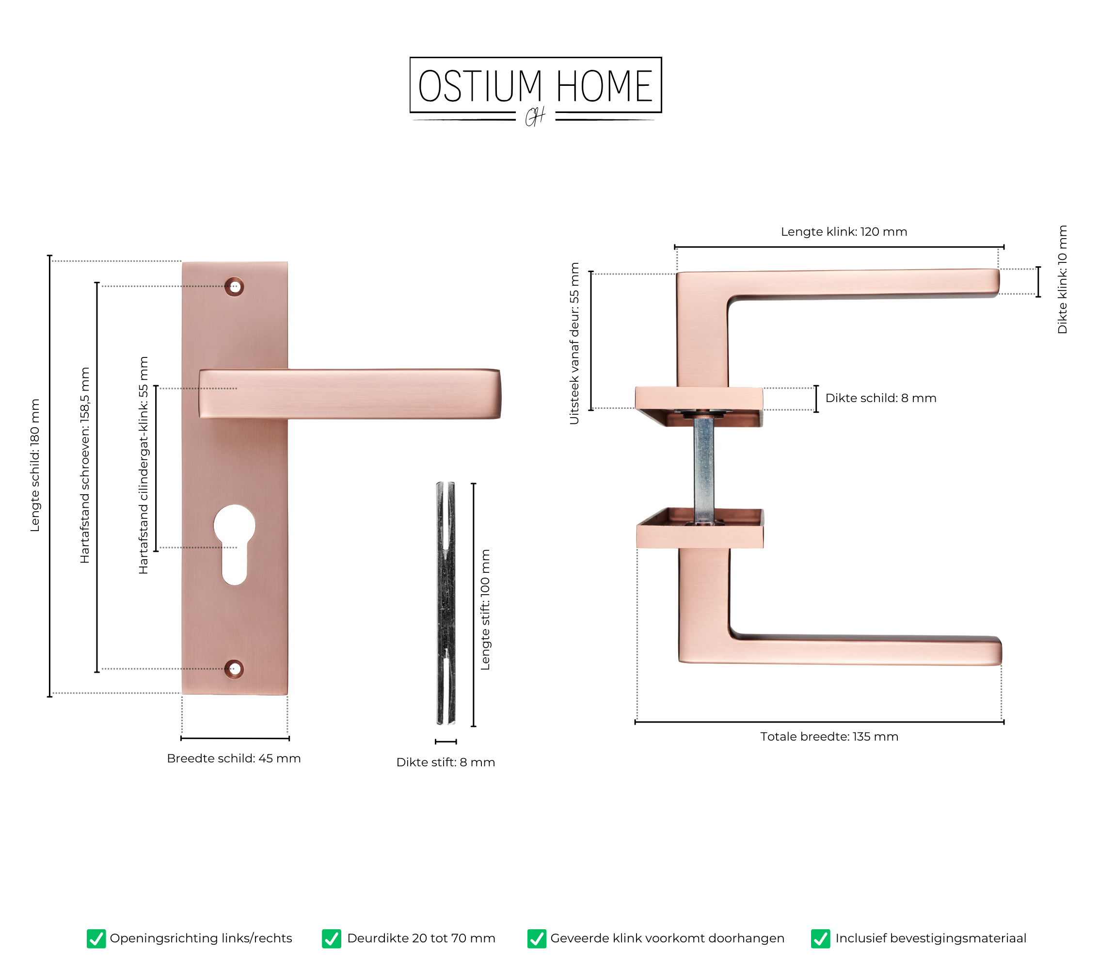 Nola - Koper Deurbeslag - Cilindergat - Recht Kort Schild - PC 55mm