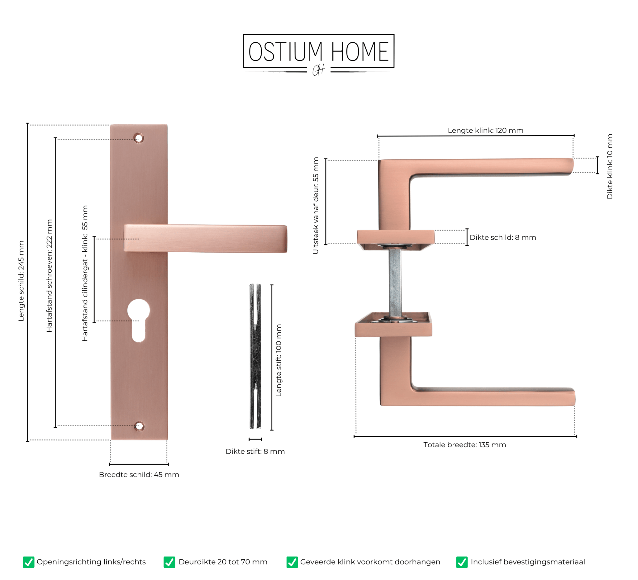 Collodi - Koper Deurbeslag - Cilindergat - Recht Lang Schild - PC 55mm