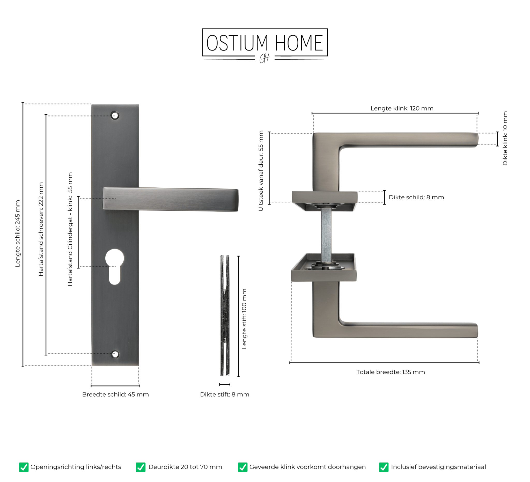 Fano - Gun Metal Deurbeslag - Cilindergat - Recht Lang Schild - PC 55mm