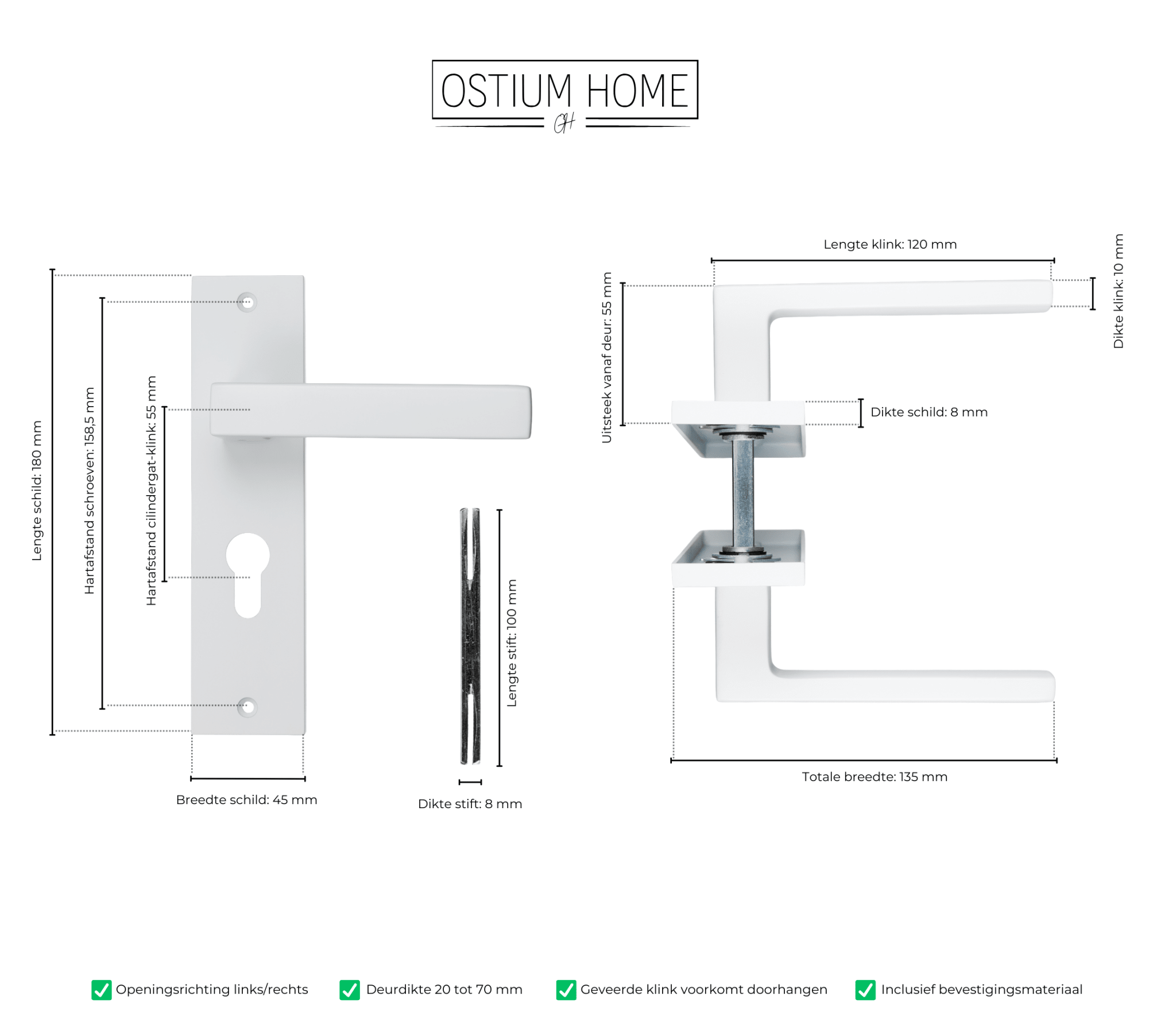 Arezzo - Wit Deurbeslag - Cilindergat - Recht Kort Schild - PC 55mm