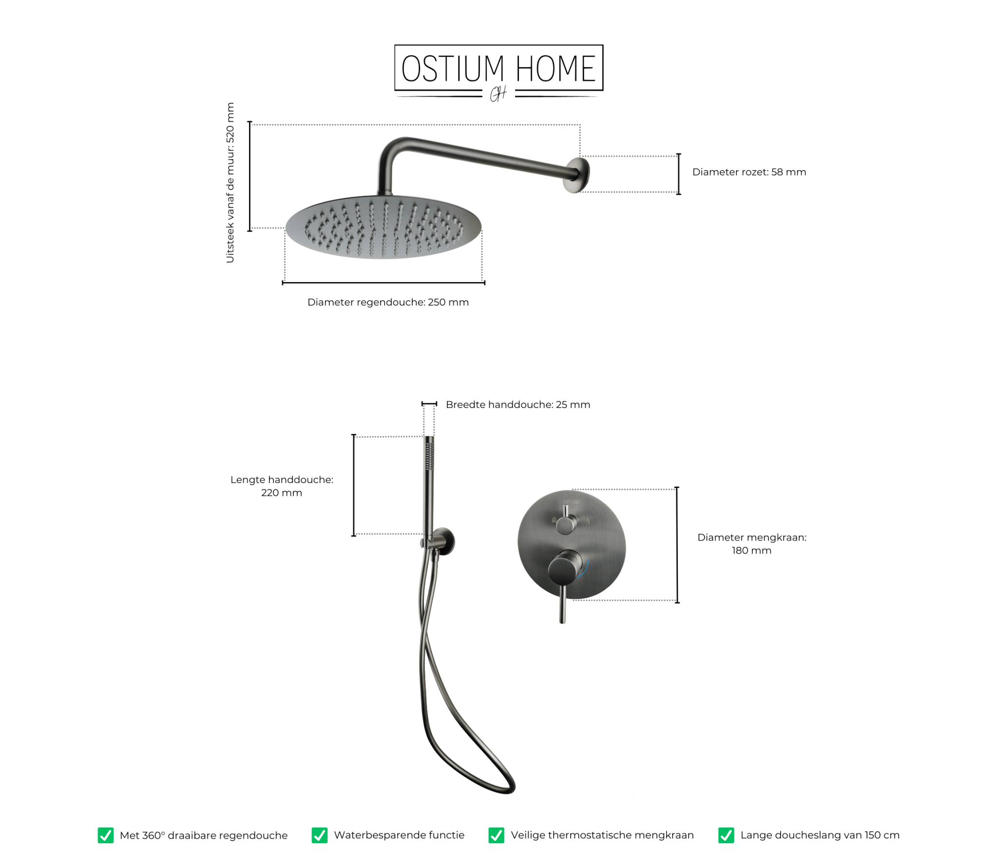 Terni - Ensemble de douche encastré - Gun Metal