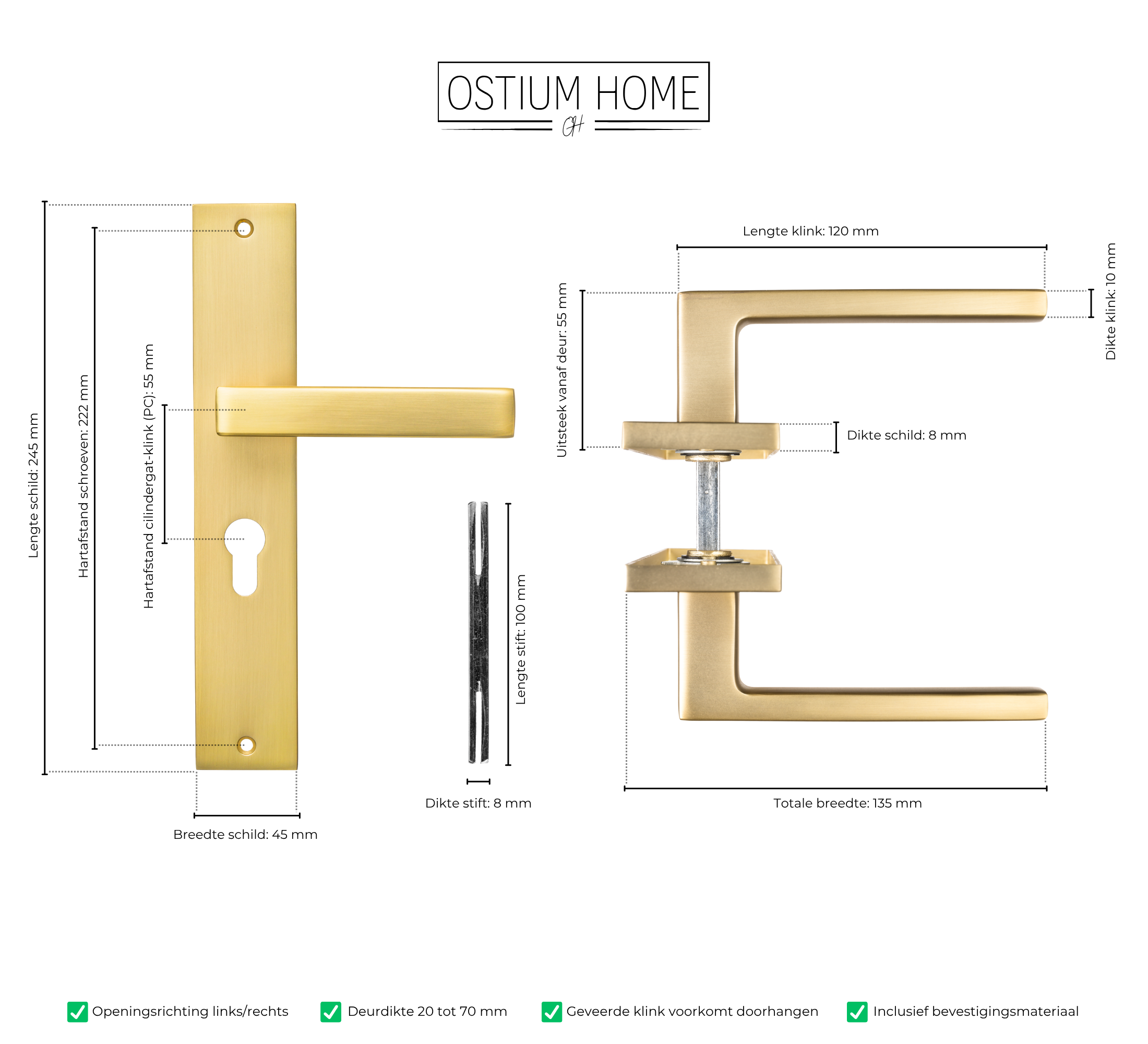 Afmetingen van gouden deurklink op schild met cilindergat van Ostiumhome.