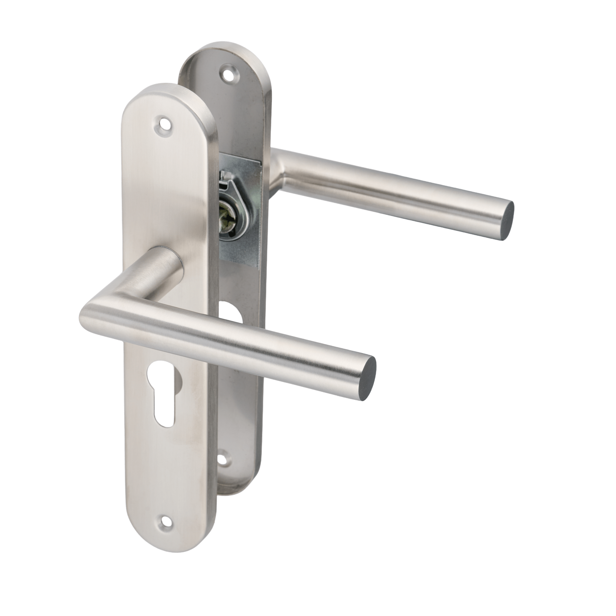 Vooraanzicht de deurklink op rond schild met cilindergat in RVS Zilver kleur.