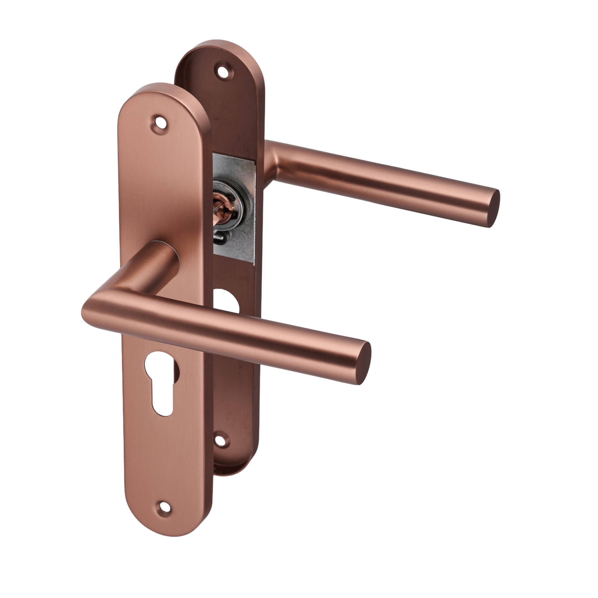 Deurklink op rond schild met cilindergat van Ostiumhome in kleur mat koper.