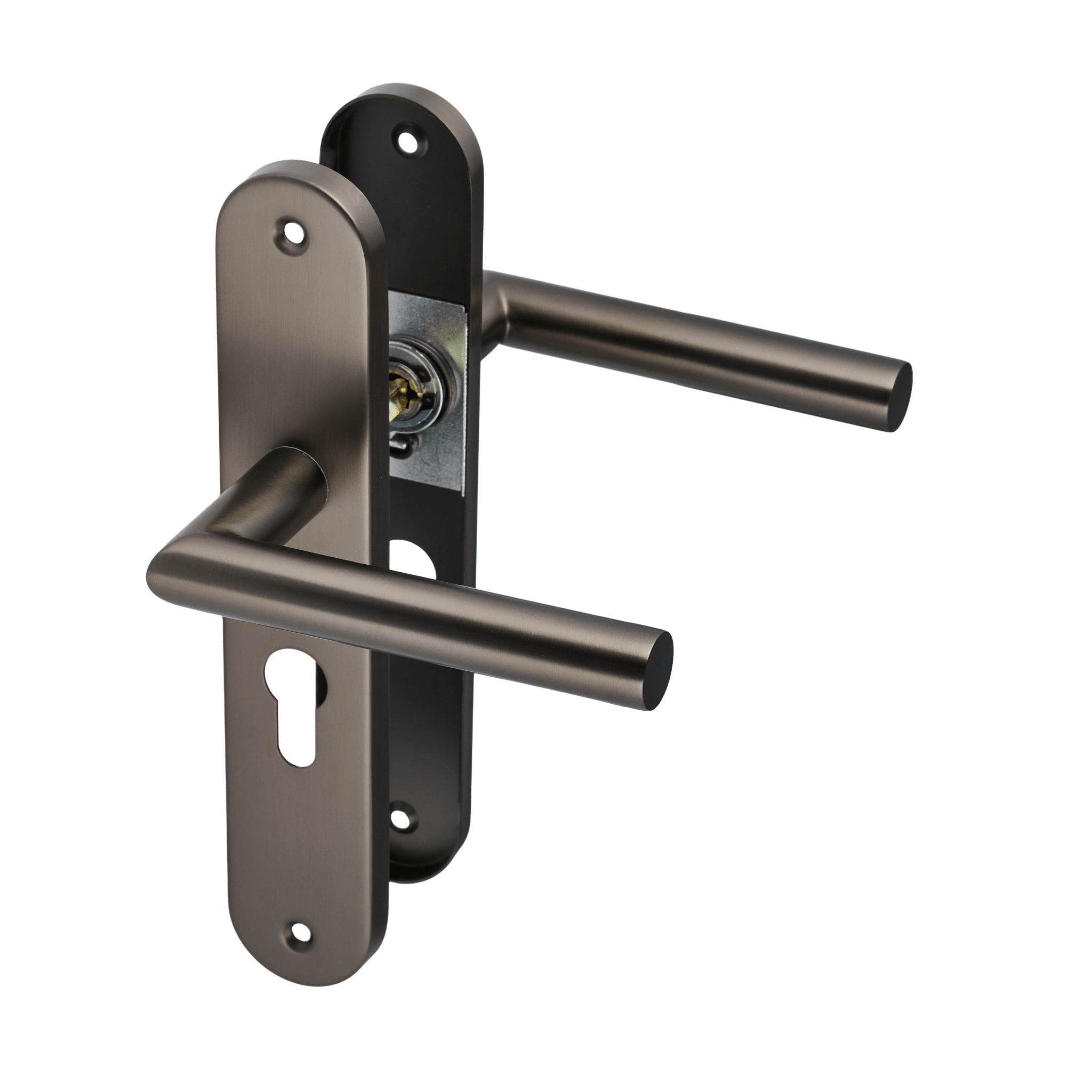 Deurklink op rond schild van Ostiumhome, met cilindergat in kleur Gun Metal.