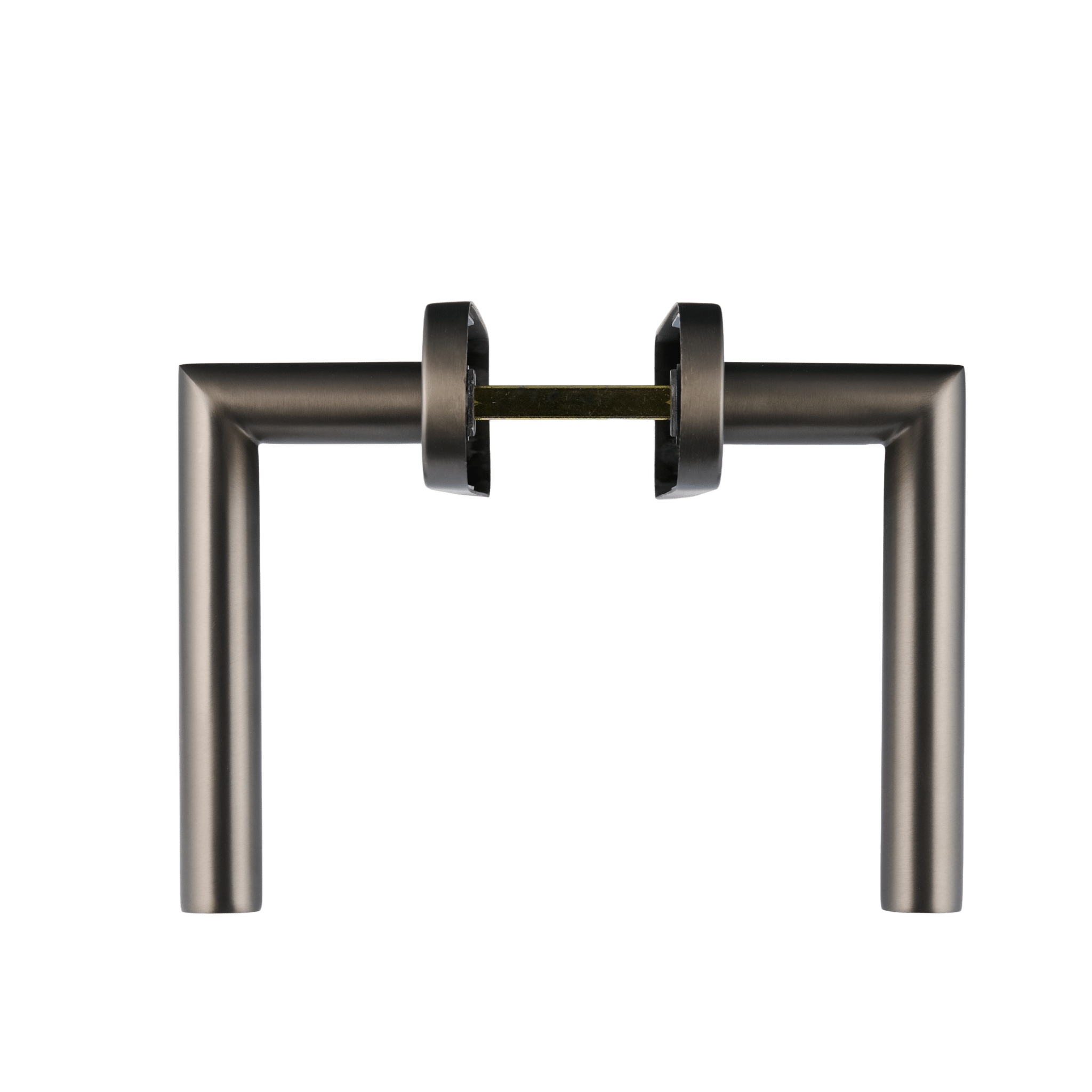 Deurbeslag op rond schild in kleur gun metal, met cilindergat.