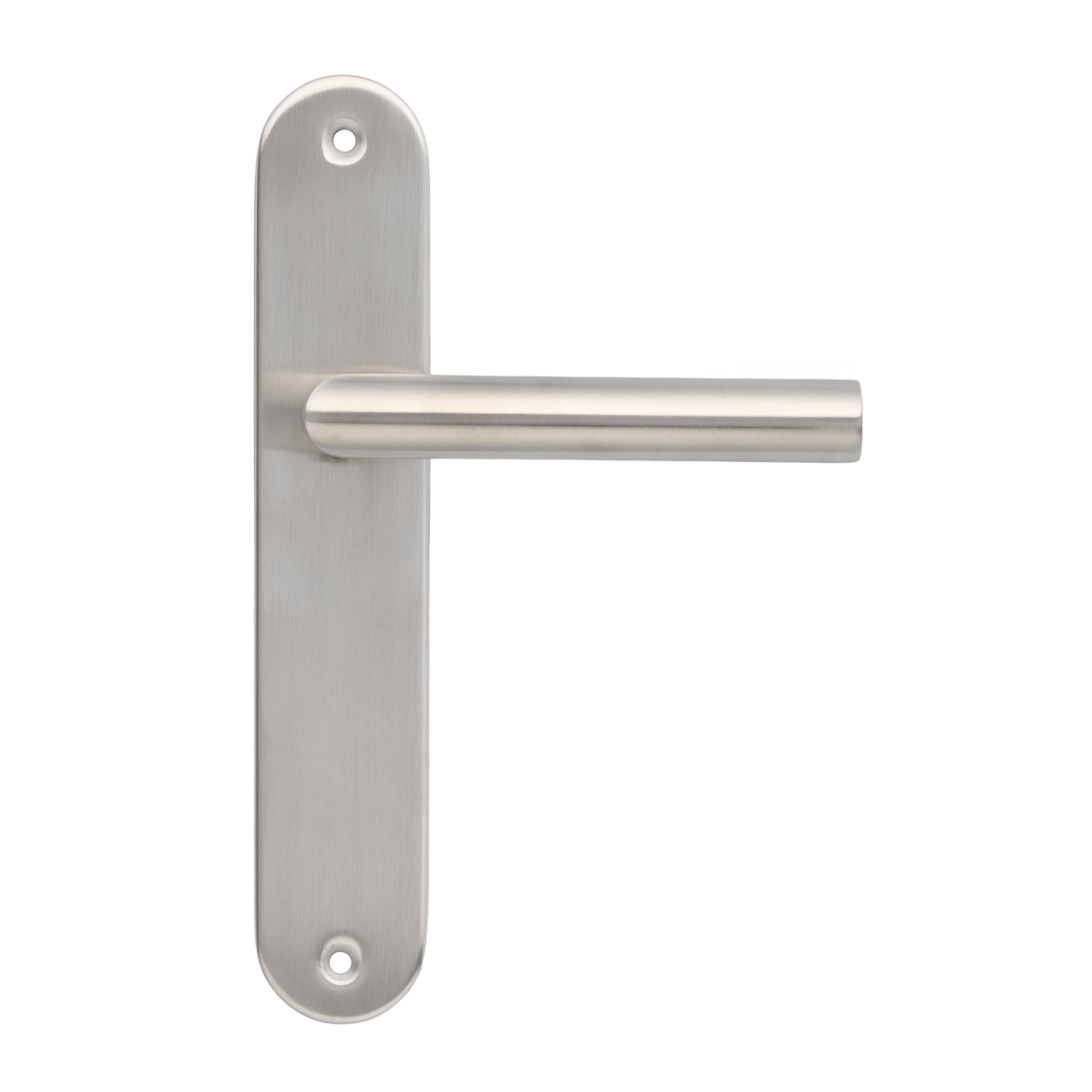 Vooraanzicht van de deurklink 225 mm op rond lang schild van Ostiumhome in kleur RVS Zilver.