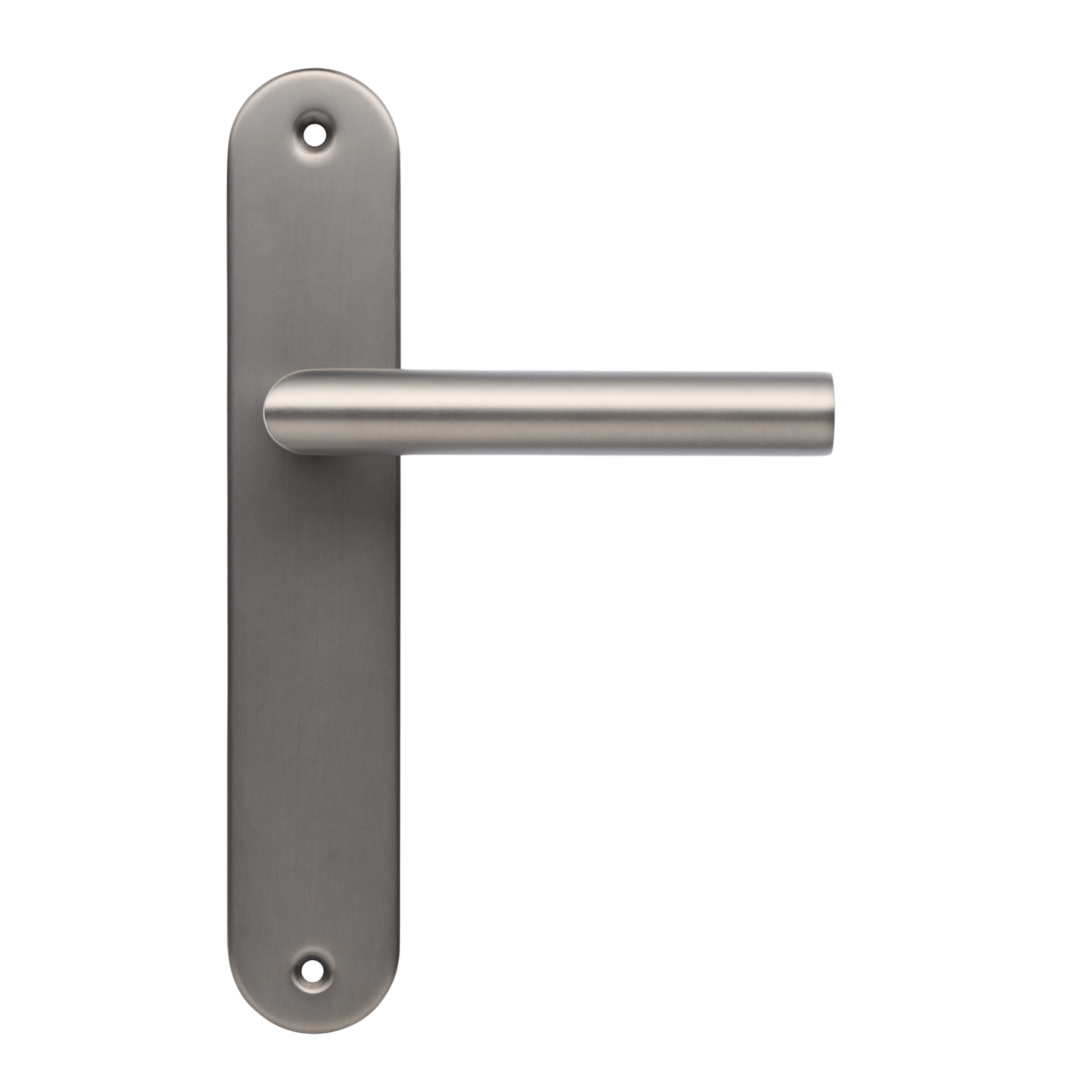 Gun Metal deurklink op blind lang rond schild van Ostiumhome.