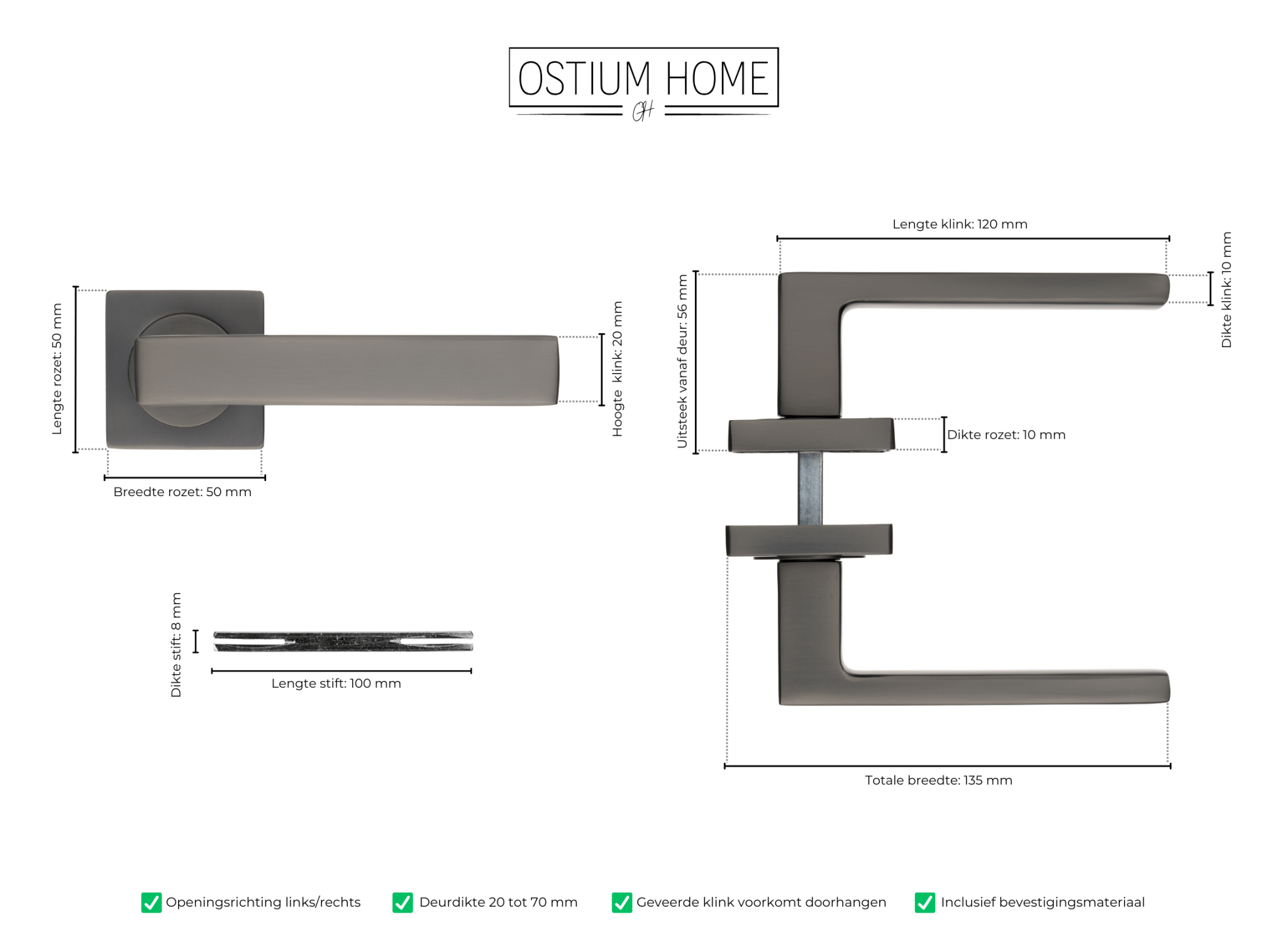 Afmetingen van vierkante deurklink op rozet in gun metal van Ostiumhome
