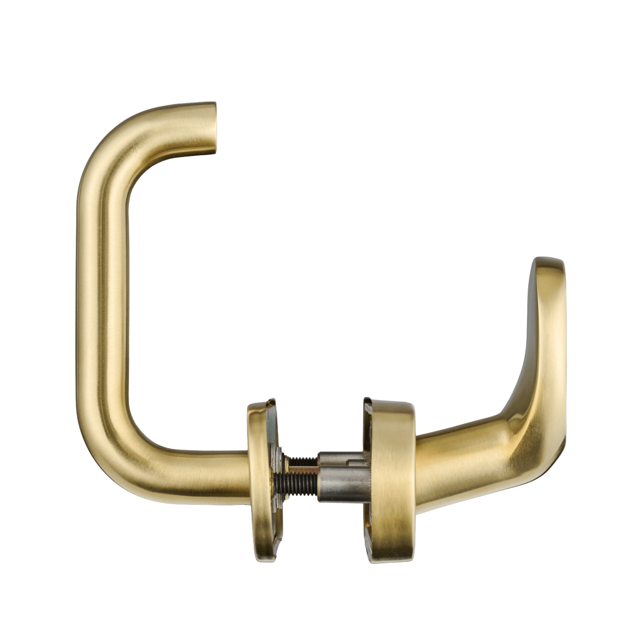 Deurklink met greep/kruk bediening in mat goud voor voordeur.