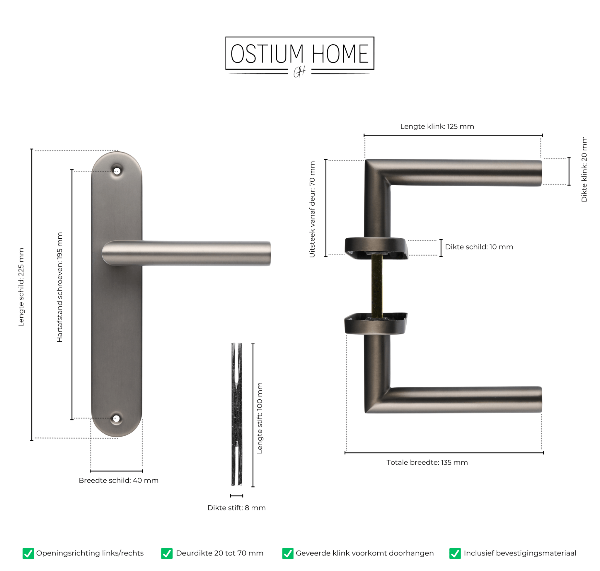 Technische tekening van gun metal deurklink op rond schild van Ostiumhome