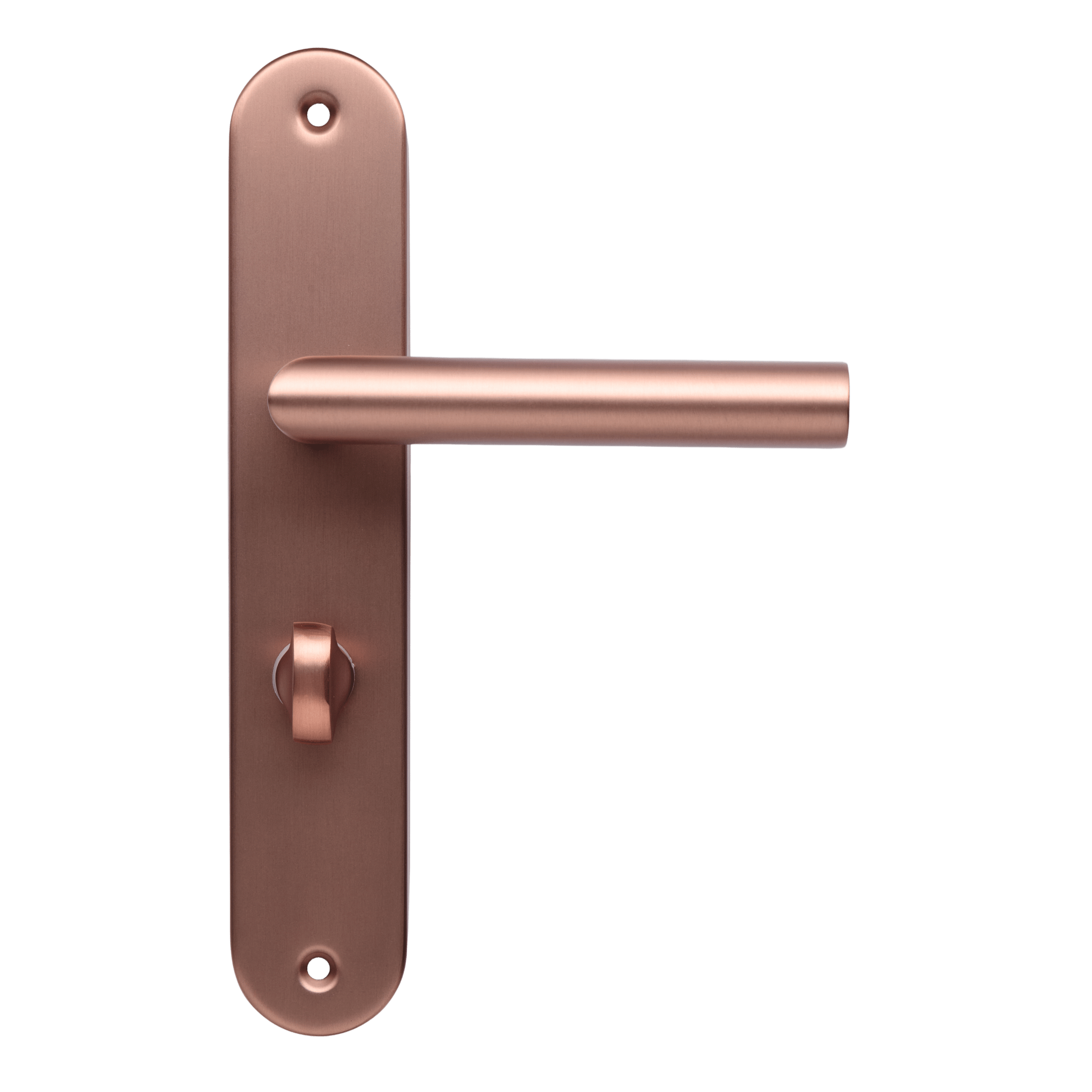 Vooraanzicht van de wc/badkamer deurklink op rond schild in mat koper van Ostiumhome.