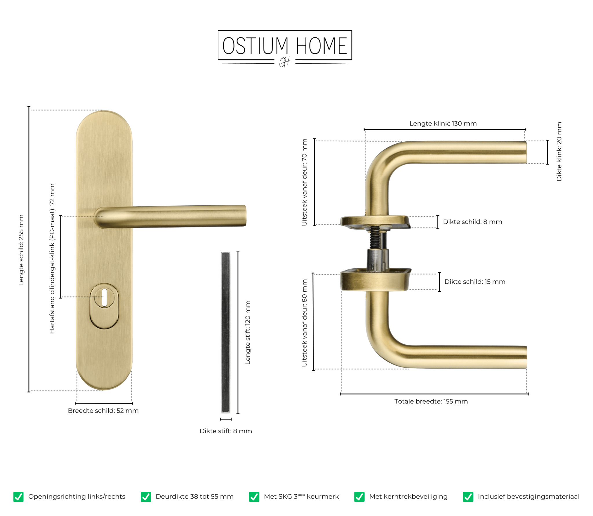 Specificaties van de mat gouden voordeurklink met kruk/kruk van Ostiumhome
