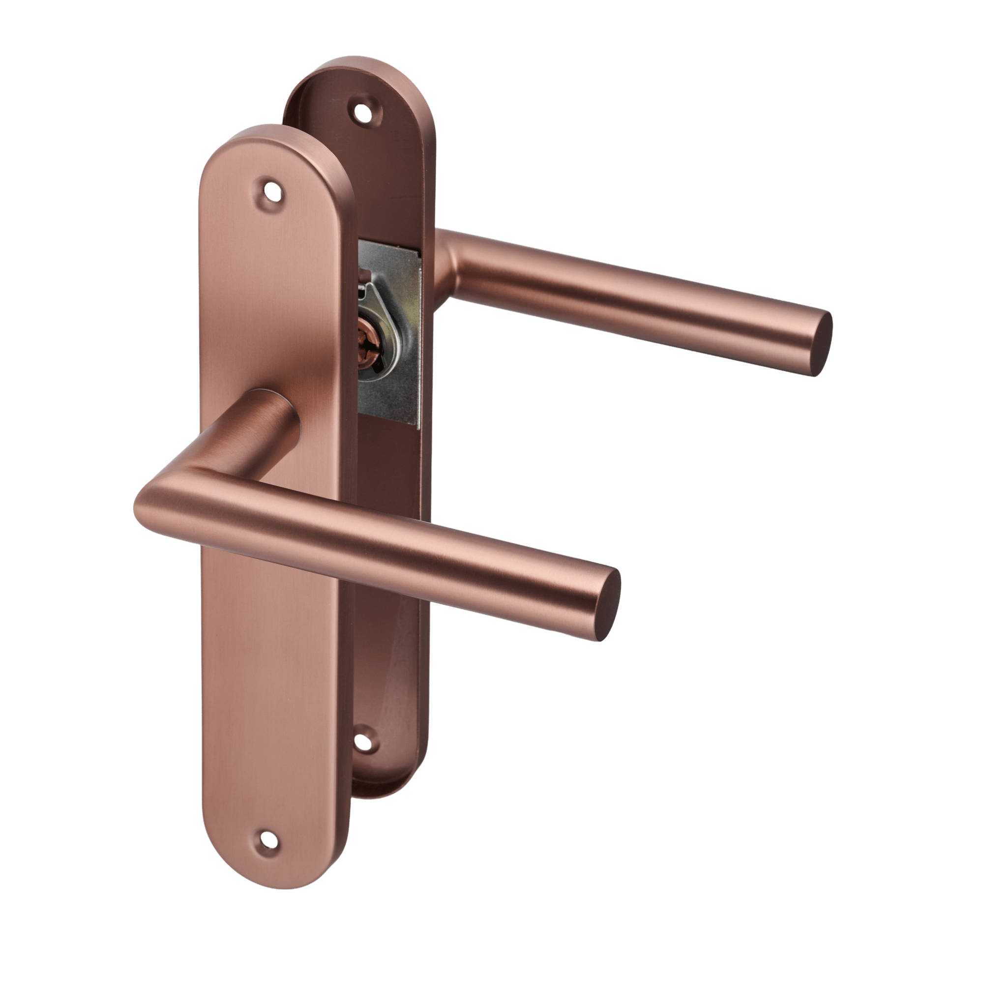 Overzicht van de complete set van de mat koperen ronde deurklink van Ostiumhome