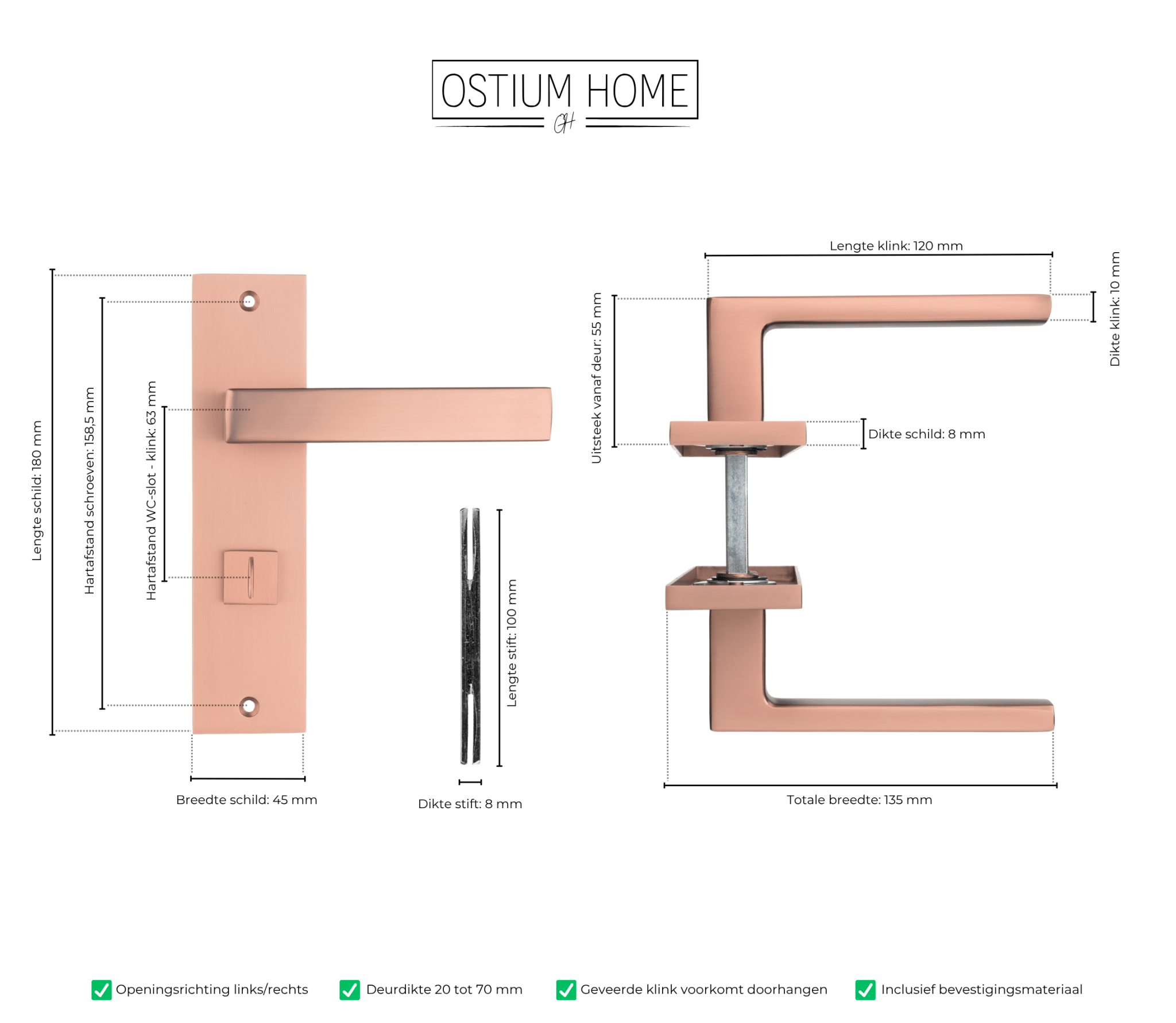 Tekening met afmetingen van mat koperen deurklink op kort schild met wc/badkamerslot