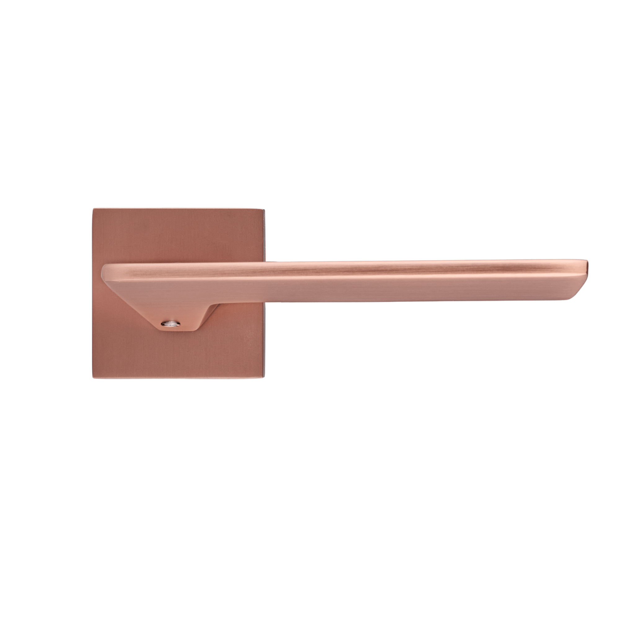 Vooraanzicht van de mat koperen luxe deurklink van Ostiumhome.