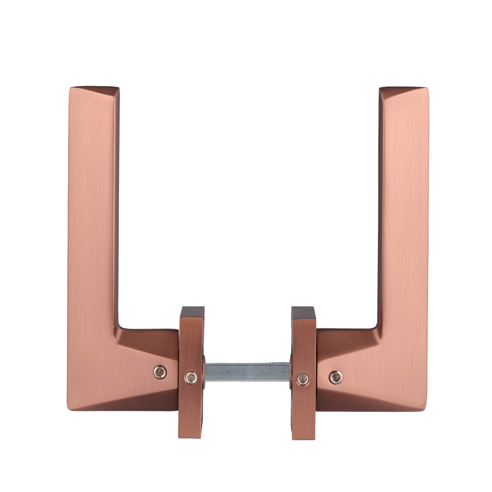 Onderaanzicht van de Ostiumhome mat koperen deurklink op vierkant rozet