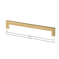 Vooraanzicht inclusief afmetingen van de gouden handgreep van Ostiumhome, 192mm/204mm.