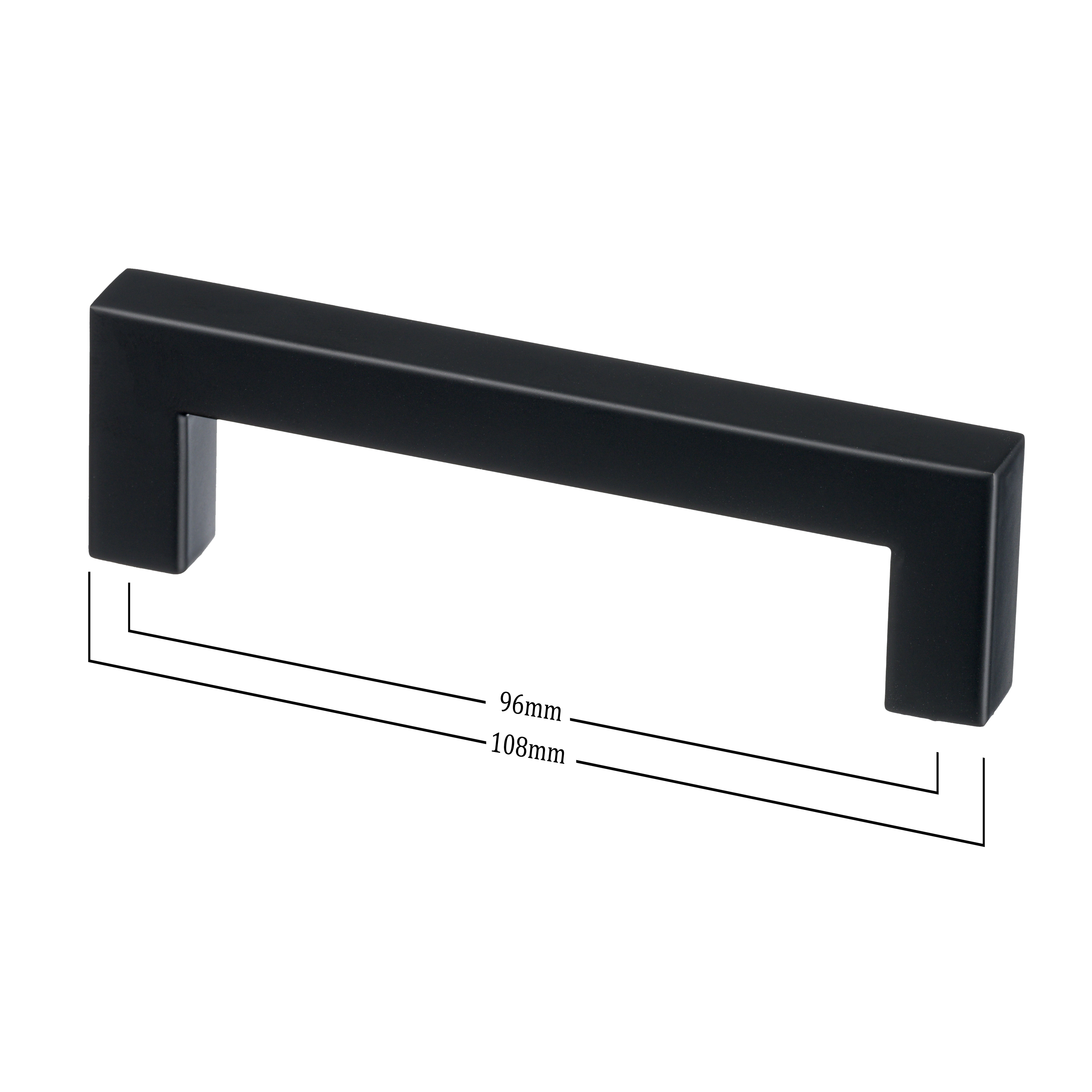 Vooraanzicht van de handgreep in de kleur zwart van Ostiumhome. Met afmetingen 96/108 mm.