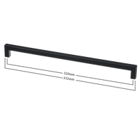 Vooraanzicht inclusief maten van de lange zwarte handgreep van Ostiumhome, afmetingen 320/332 mm.