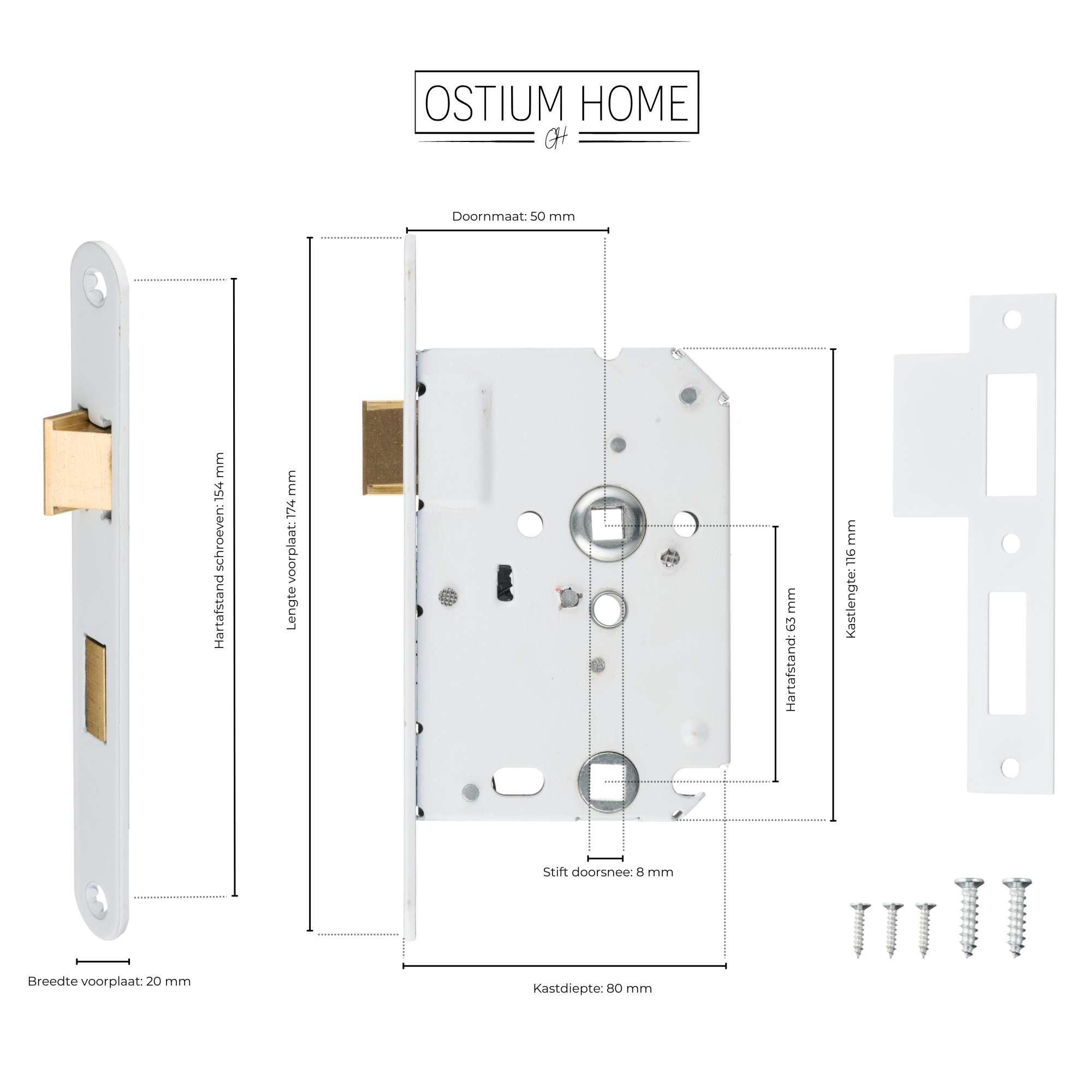 Technische tekening met afmetingen van het witte wc loopslot van Ostiumhome.