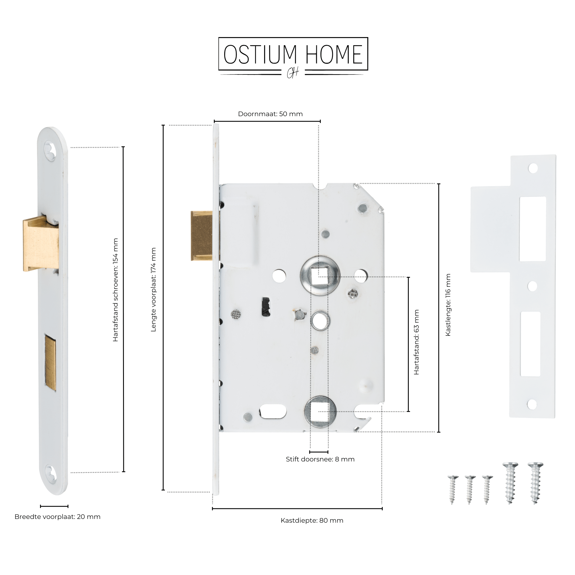 Technische tekening met afmetingen van het witte wc loopslot van Ostiumhome.