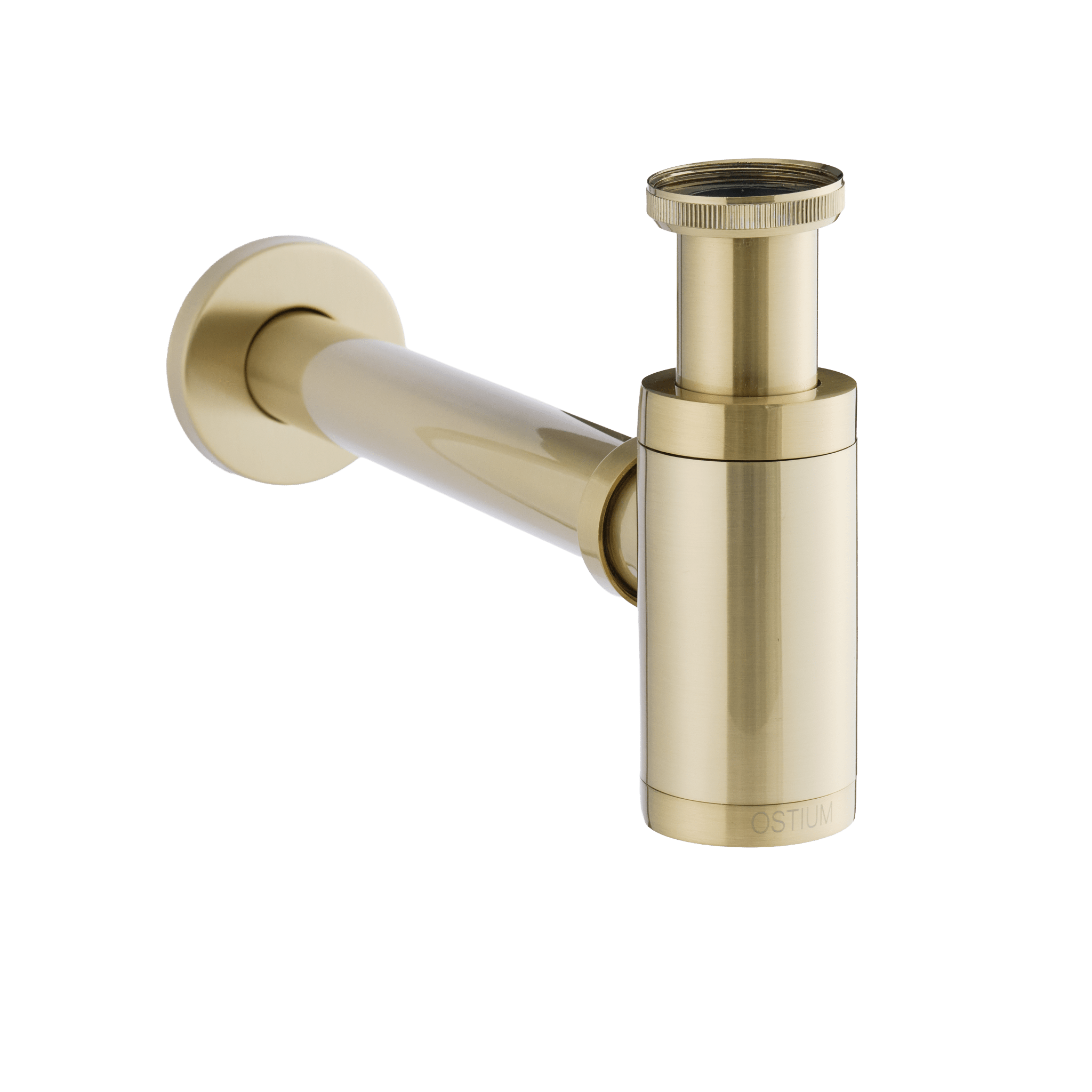 Modern gold brass bottle trap for bathroom sinks, wall mounted, with sleek cylindrical design