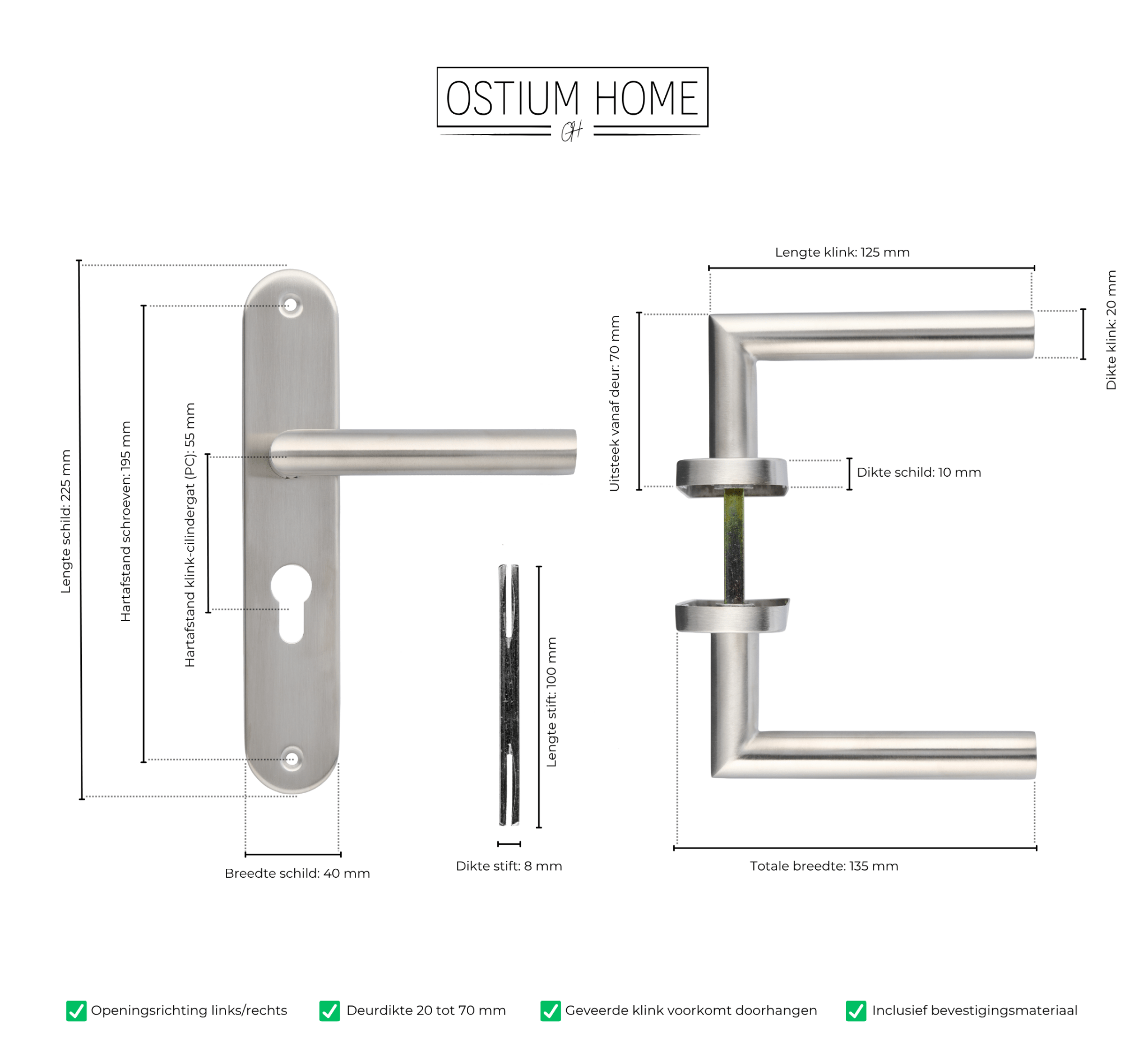 Technische tekening met afmetingen van RVS deurklink op schild met cilindergat