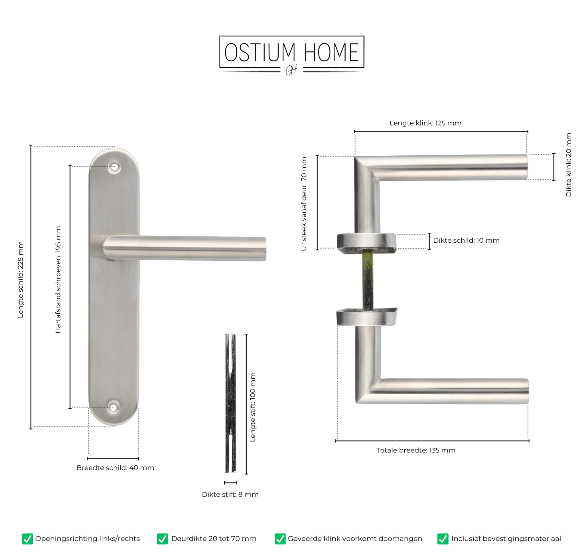 Technische afmetingen van de RVS deurklink op rond schild van Ostiumhome