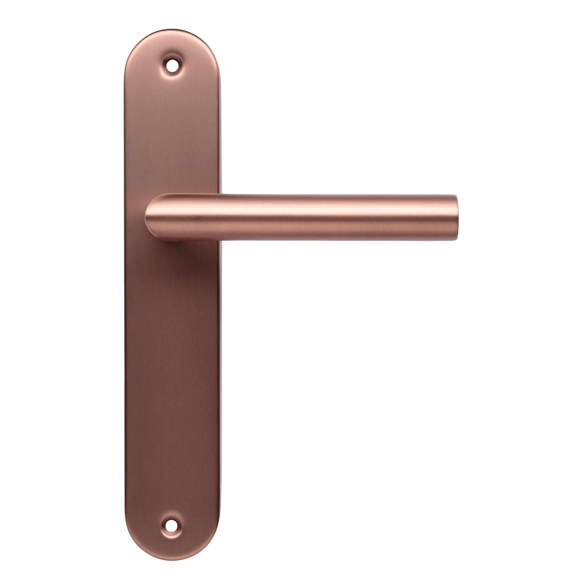 Vooraanzicht van de deurklink van Ostiumhome in kleur mat koper.