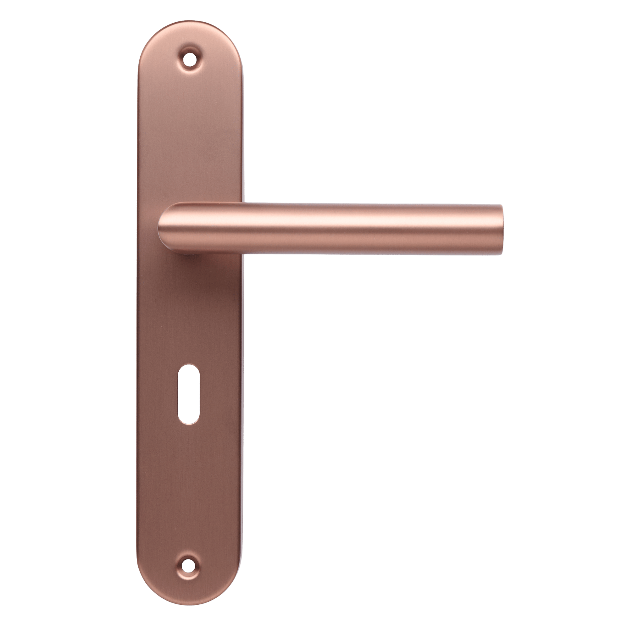 Sleutelgat deurbeslag van Ostiumhome, op rond mat koperen schild.