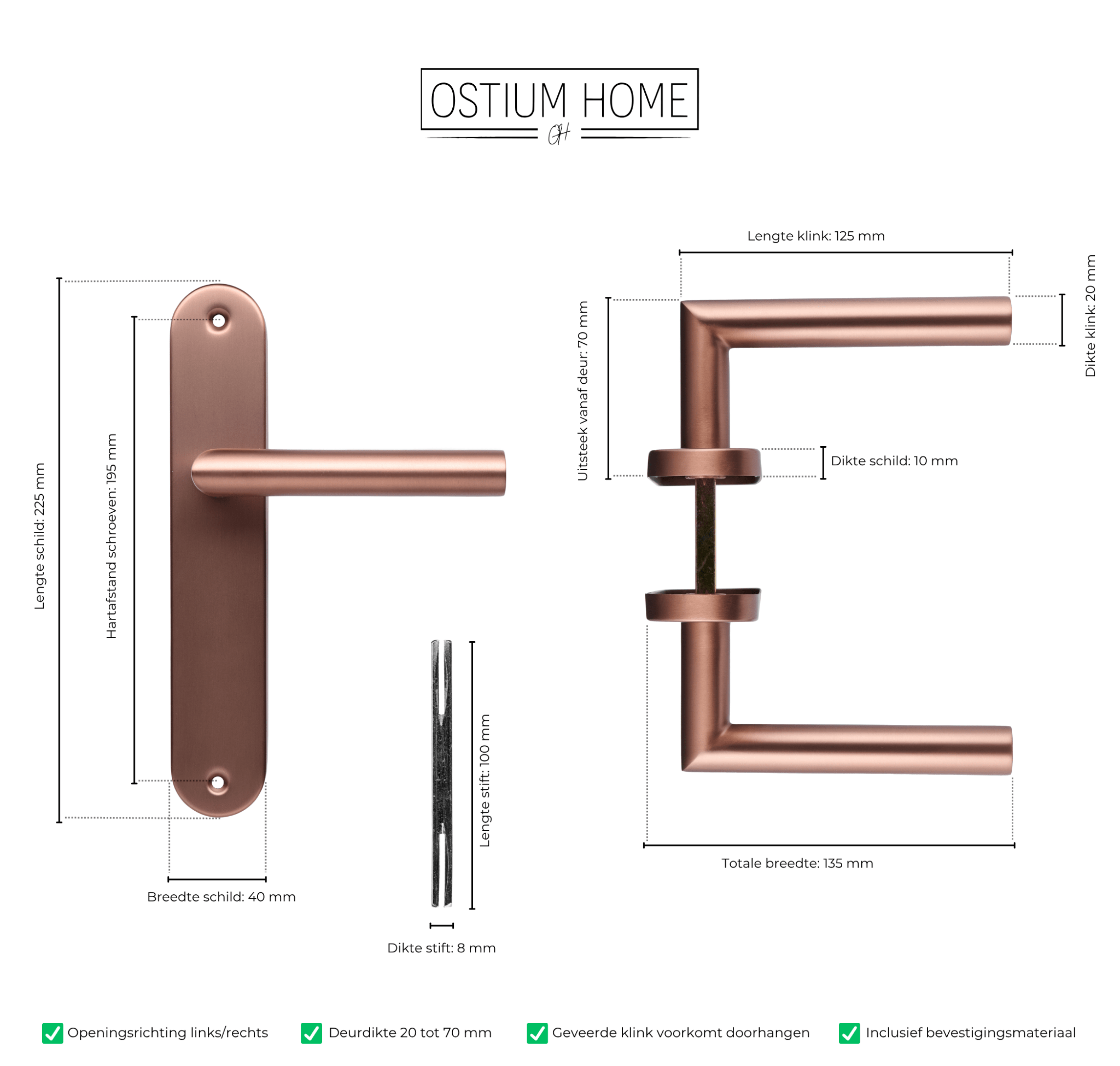 Technische tekening van de koperen deurklink op rond schild van Ostiumhome.