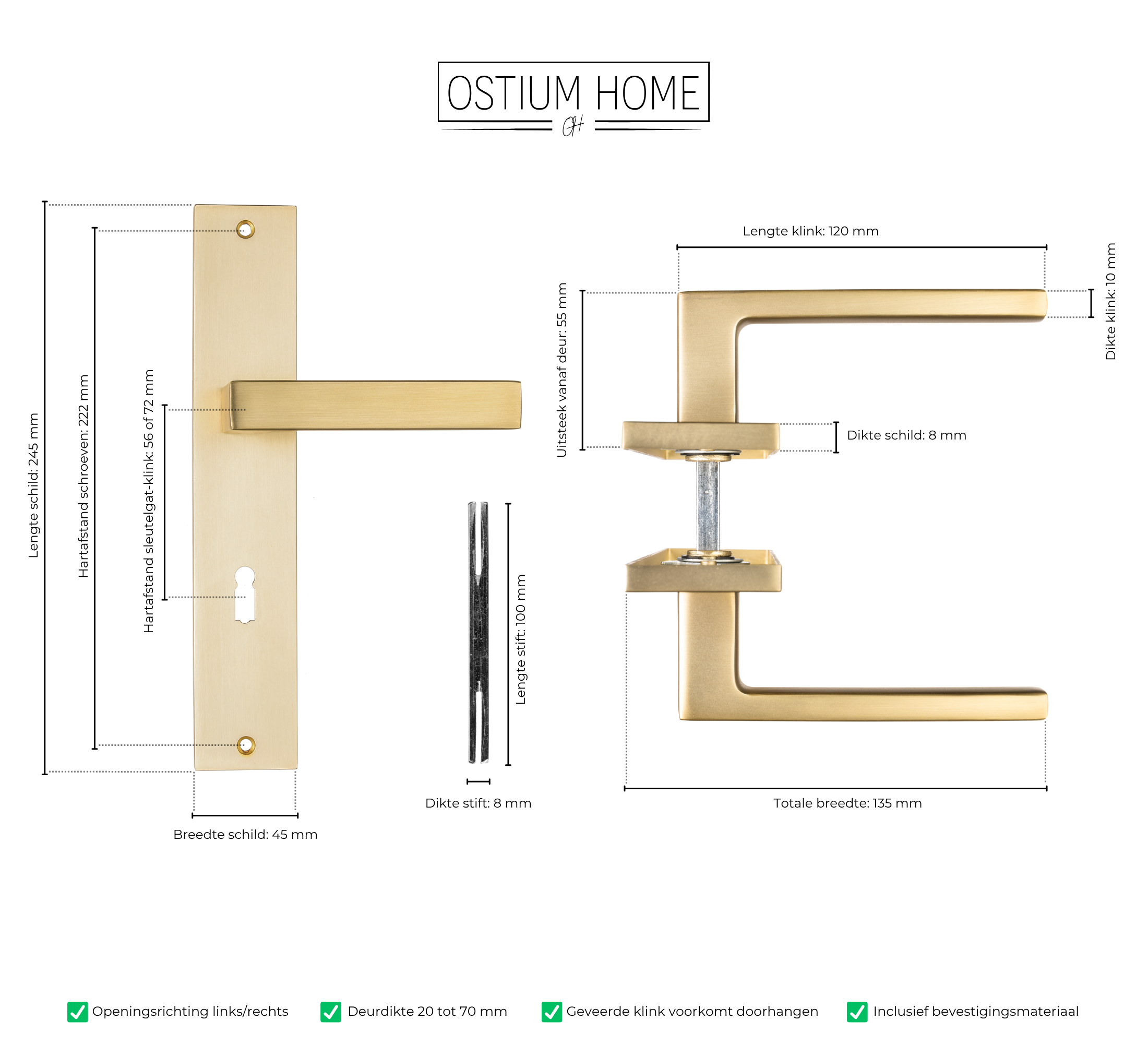 Technische tekening van deurklink met sleutelgat in kleur goud van Ostiumhome